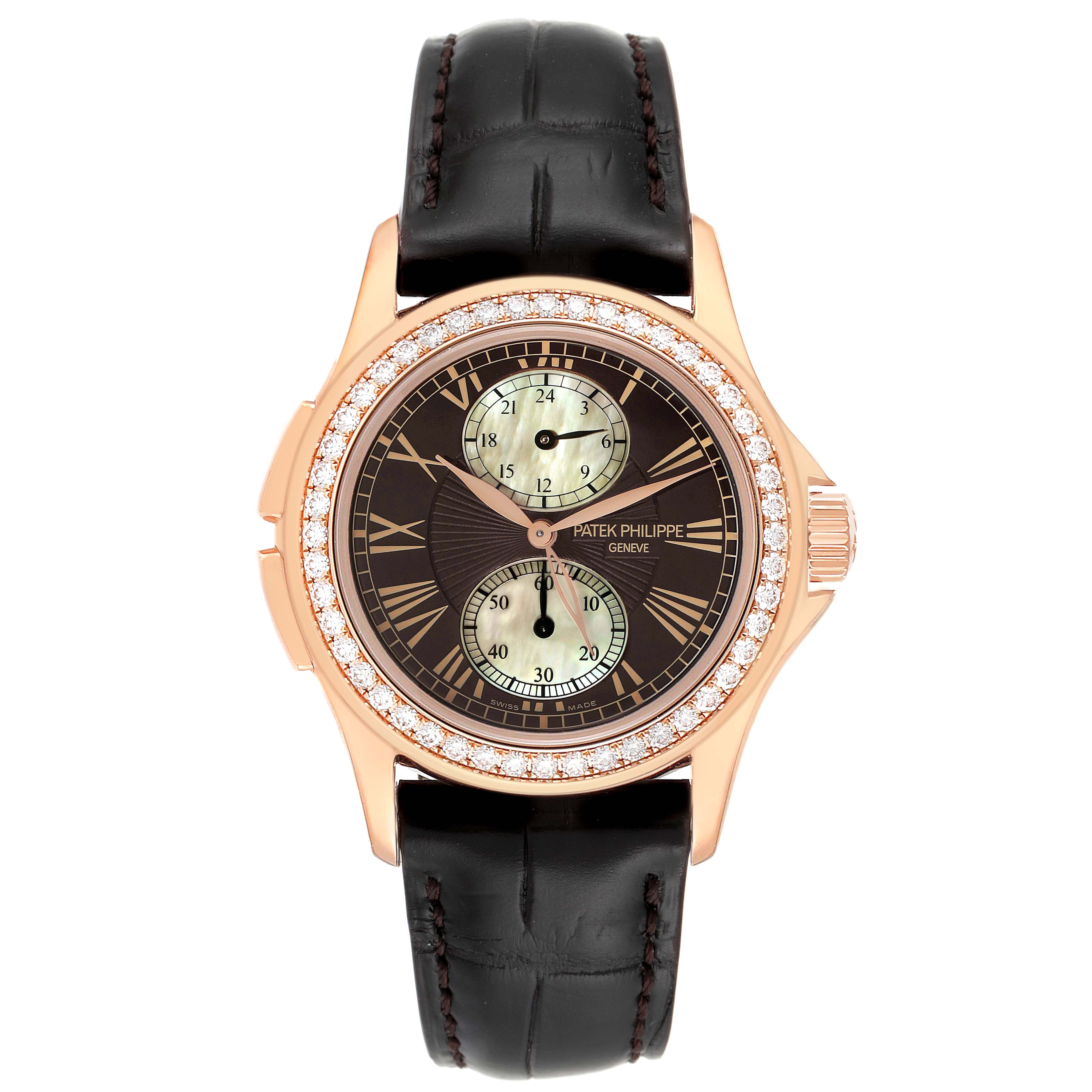 The image displays a front view of the Patek Philippe Calatrava 4934R Women's Rose Gold Mother of Pearl Dial 4934R Women's Rose Gold Mother of Pearl Dial watch, featuring a leather strap and a diamond-studded bezel.