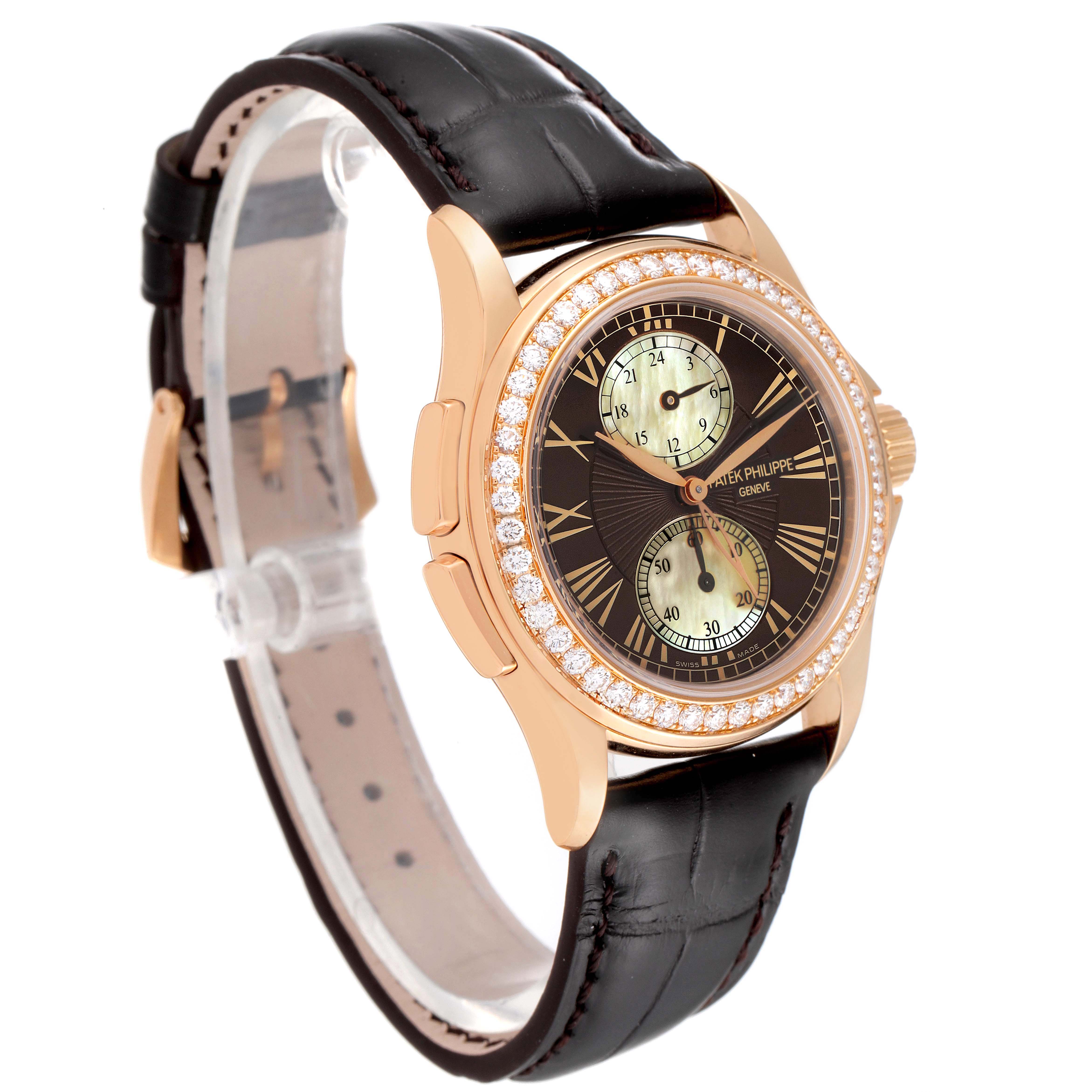 The image shows a side view of a Patek Philippe Calatrava 4934R Women's Rose Gold Mother of Pearl Dial 4934R Women's Rose Gold Mother of Pearl Dial watch, highlighting its dial, bezel, case, and strap.