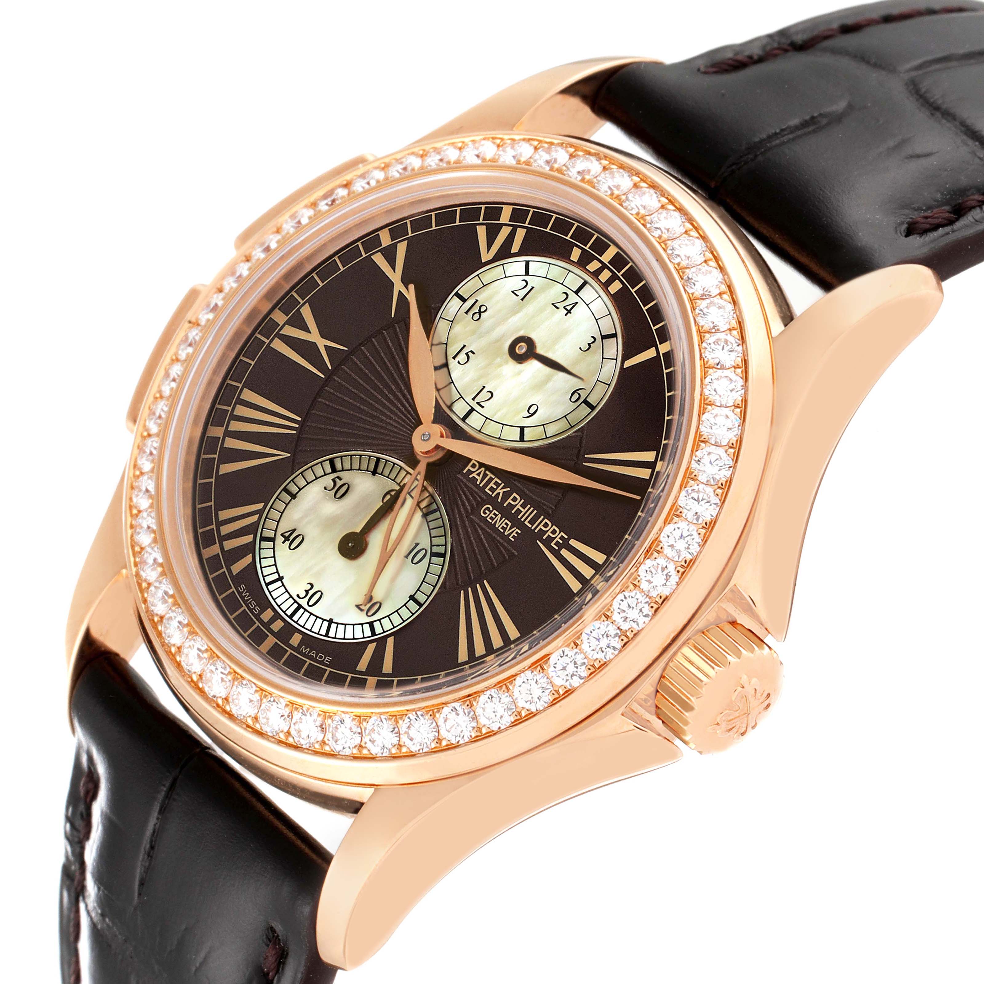 The image shows a Patek Philippe Calatrava 4934R Women's Rose Gold Mother of Pearl Dial 4934R Women's Rose Gold Mother of Pearl Dial watch at a slight angle, highlighting the intricate dial, golden case, and diamond bezel.