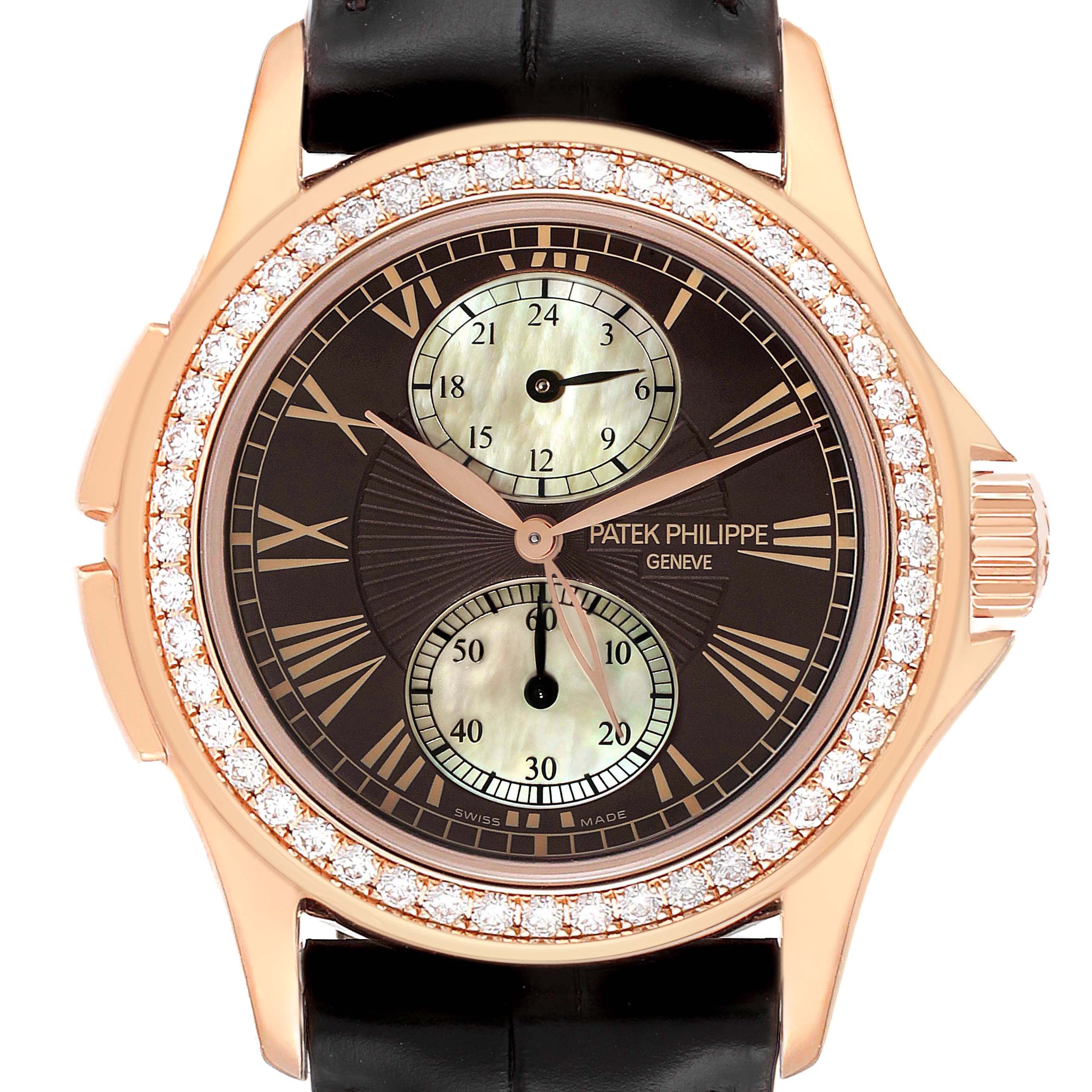 The Patek Philippe Calatrava 4934R Women's Rose Gold Mother of Pearl Dial 4934R Women's Rose Gold Mother of Pearl Dial watch is shown from a front angle, displaying the dial, hands, bezel with diamond accents, and the crown.
