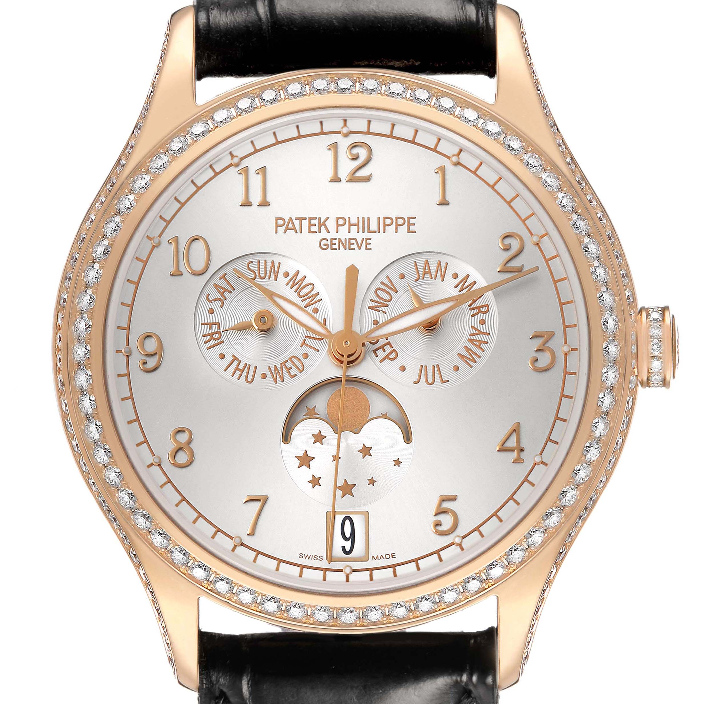 The image shows a front view of the Patek Philippe Complications 4947R-001 Men's Rose Gold Silver Dial watch with a diamond-studded bezel and detailed dial.