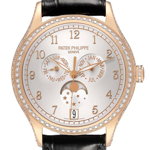 The image shows a front view of the Patek Philippe Complications 4947R-001 Men's Rose Gold Silver Dial watch, highlighting its dial, hands, and bezel with diamonds.
