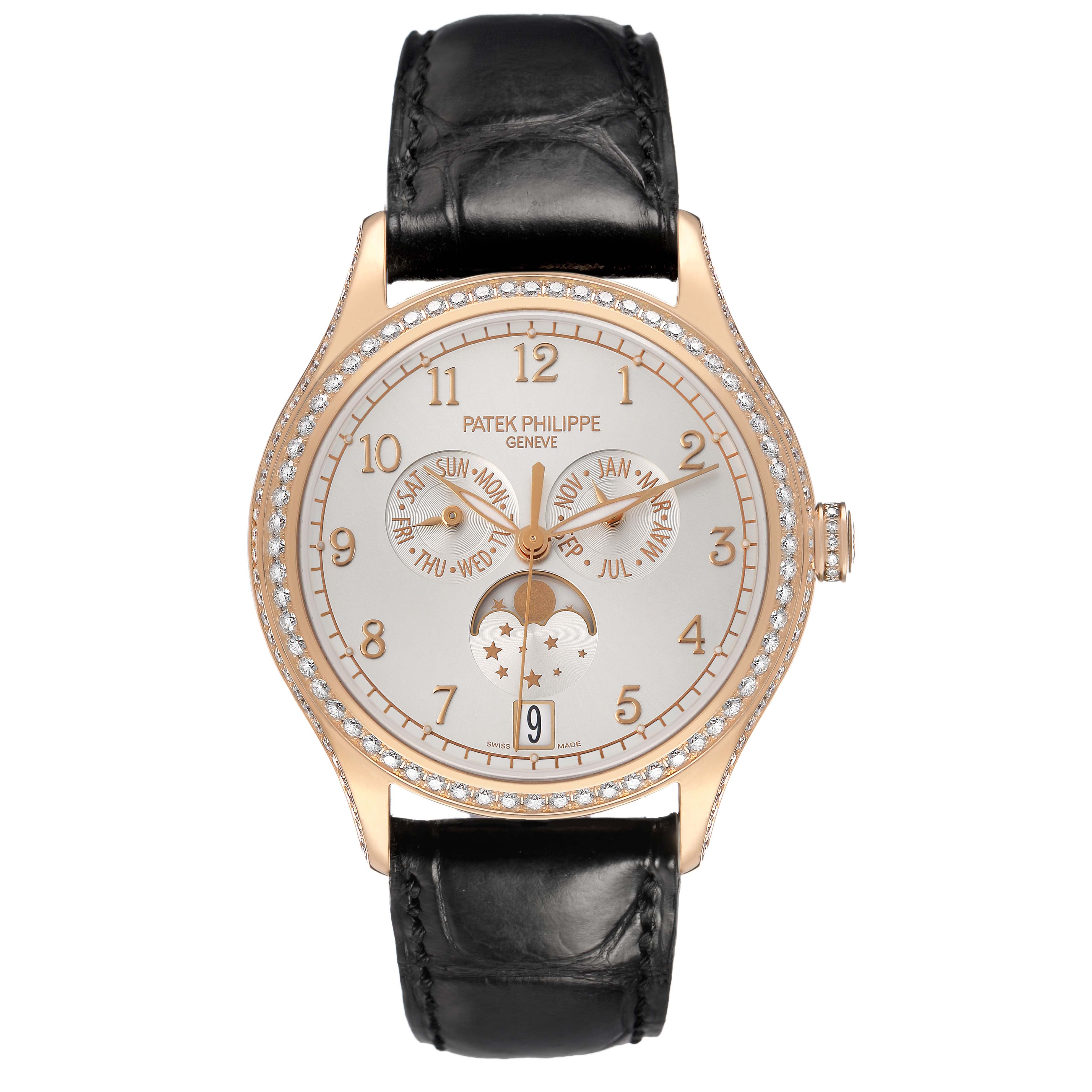 The Patek Philippe Complications 4947R-001 Men's Rose Gold Silver Dial watch is shown from a top view displaying the face, bezel, and black leather strap.