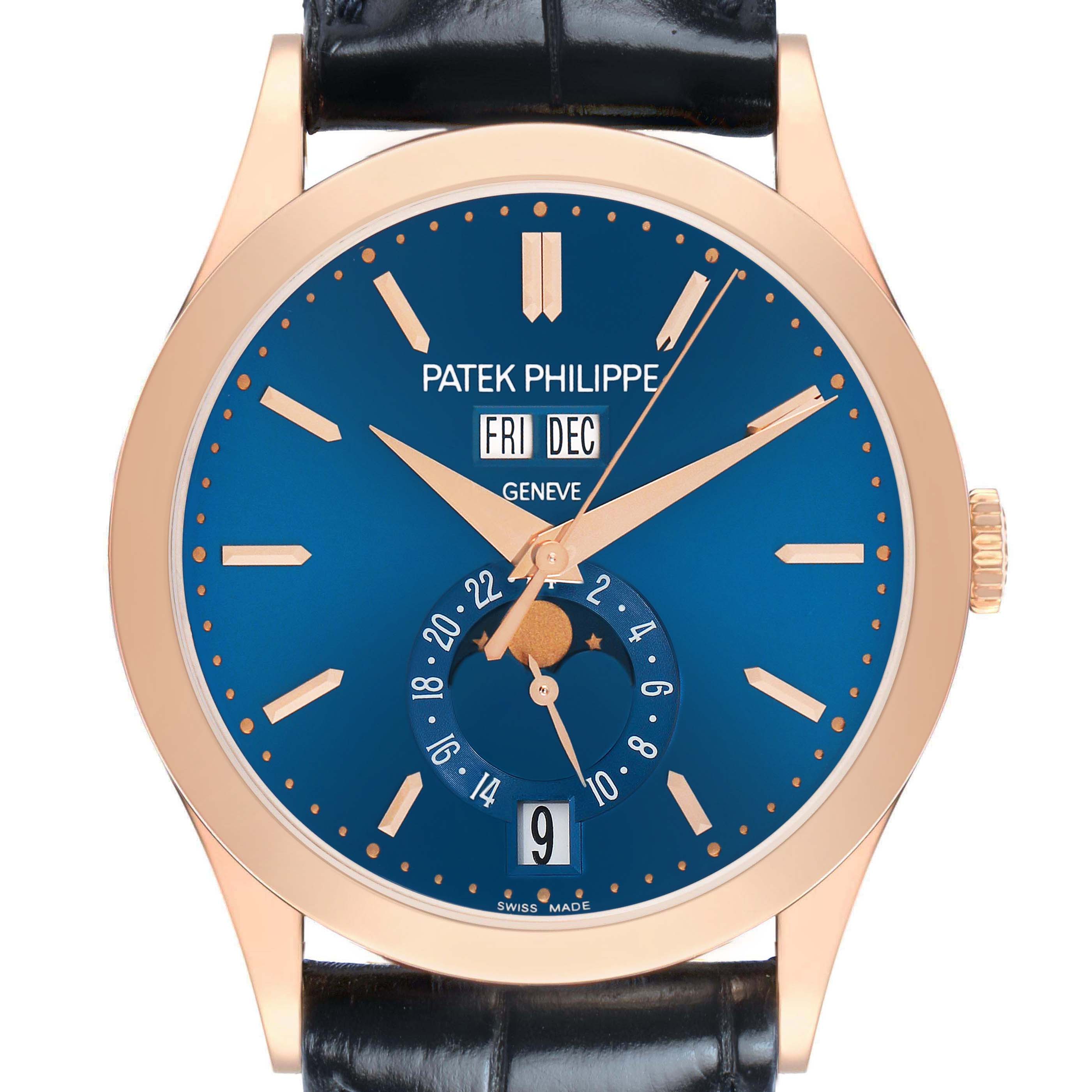 The image shows a frontal view of a Patek Philippe Complications 5396R 5396 Mens Rose Gold Blue Dial watch, highlighting its blue dial, case, and strap.
