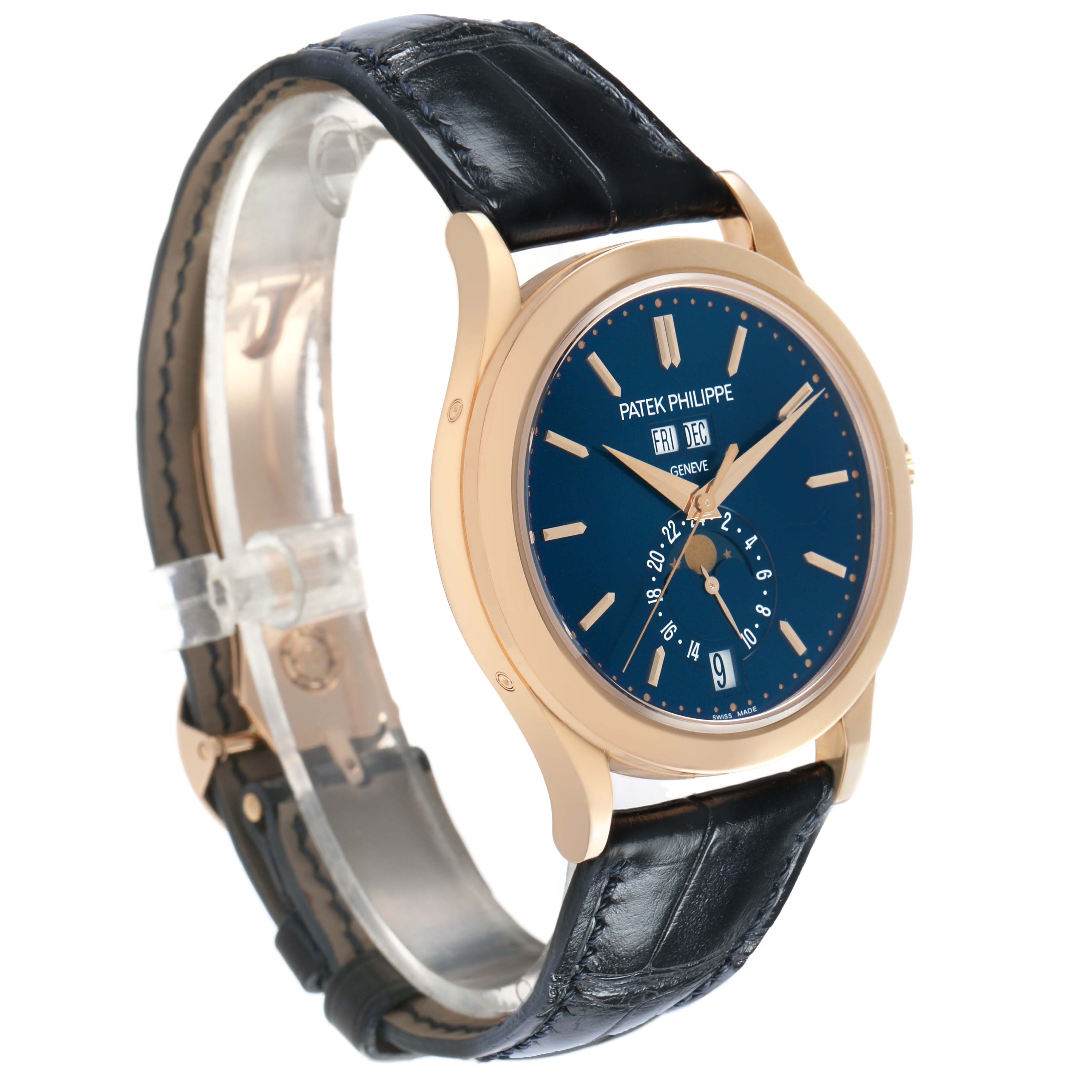 The Patek Philippe Complications 5396R 5396 Men's Rose Gold Blue Dial watch is shown at a slight angle, displaying the blue dial, gold case, and black leather strap.