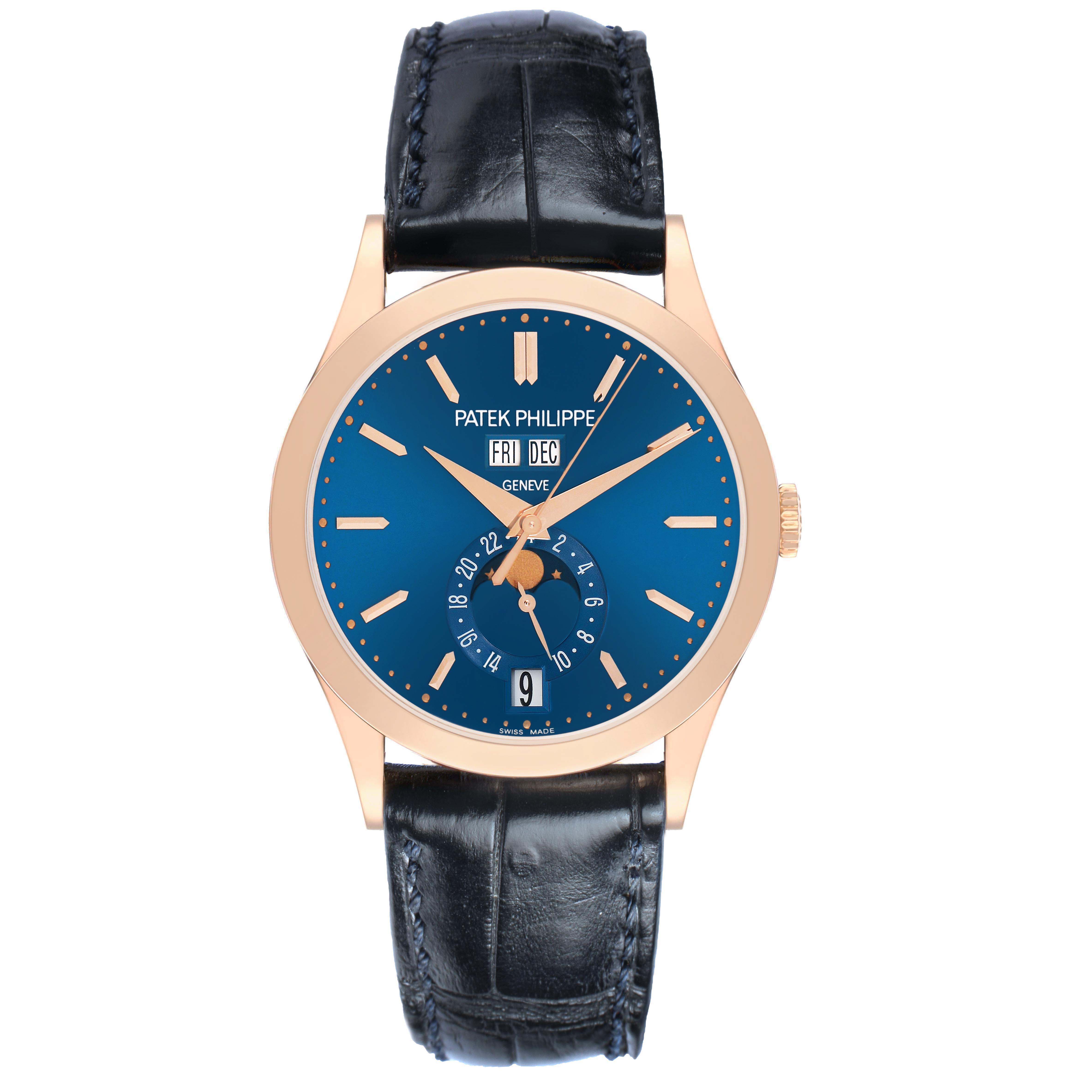 The Patek Philippe Complications 5396R 5396 Mens Rose Gold Blue Dial watch is shown from a front view, highlighting the blue dial, gold markers, and black strap.