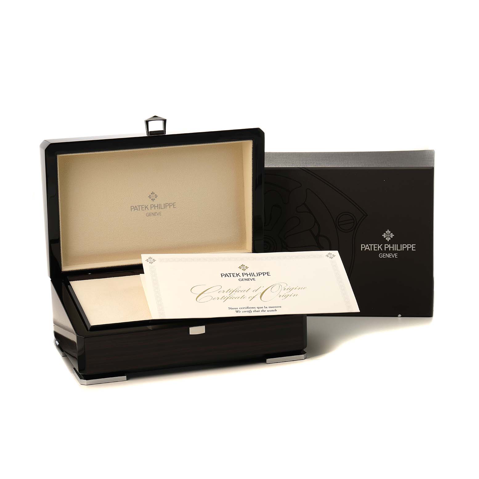 The image shows a Patek Philippe Complications 5396R 5396 Men's Rose Gold Blue Dial watch box, certificate of origin, and packaging, all viewed from the front.