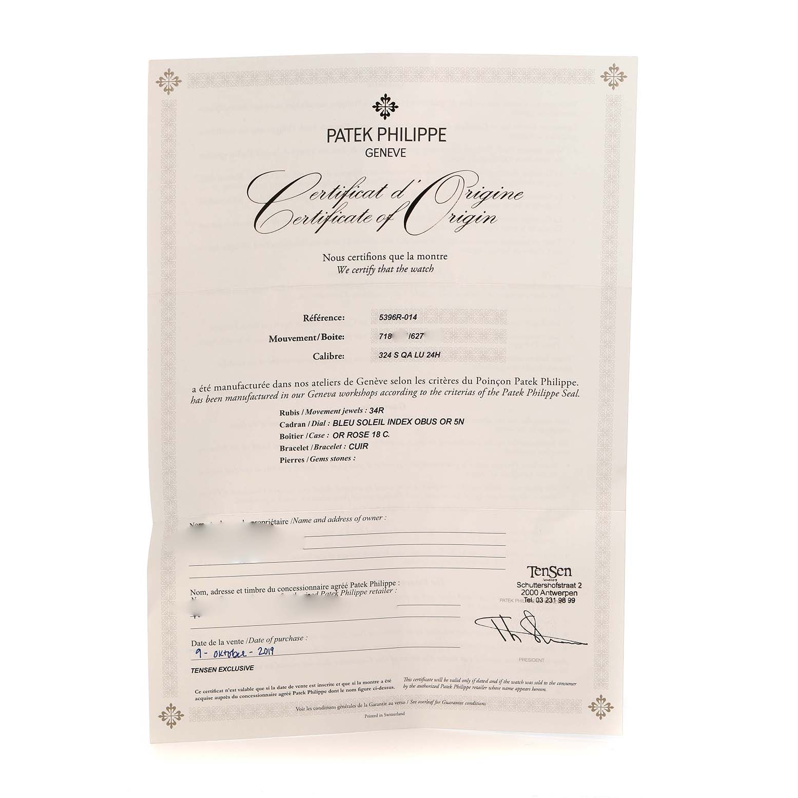 The image shows the Certificate of Origin for a Patek Philippe Complications 5396R 5396 Men's Rose Gold Blue Dial model watch.