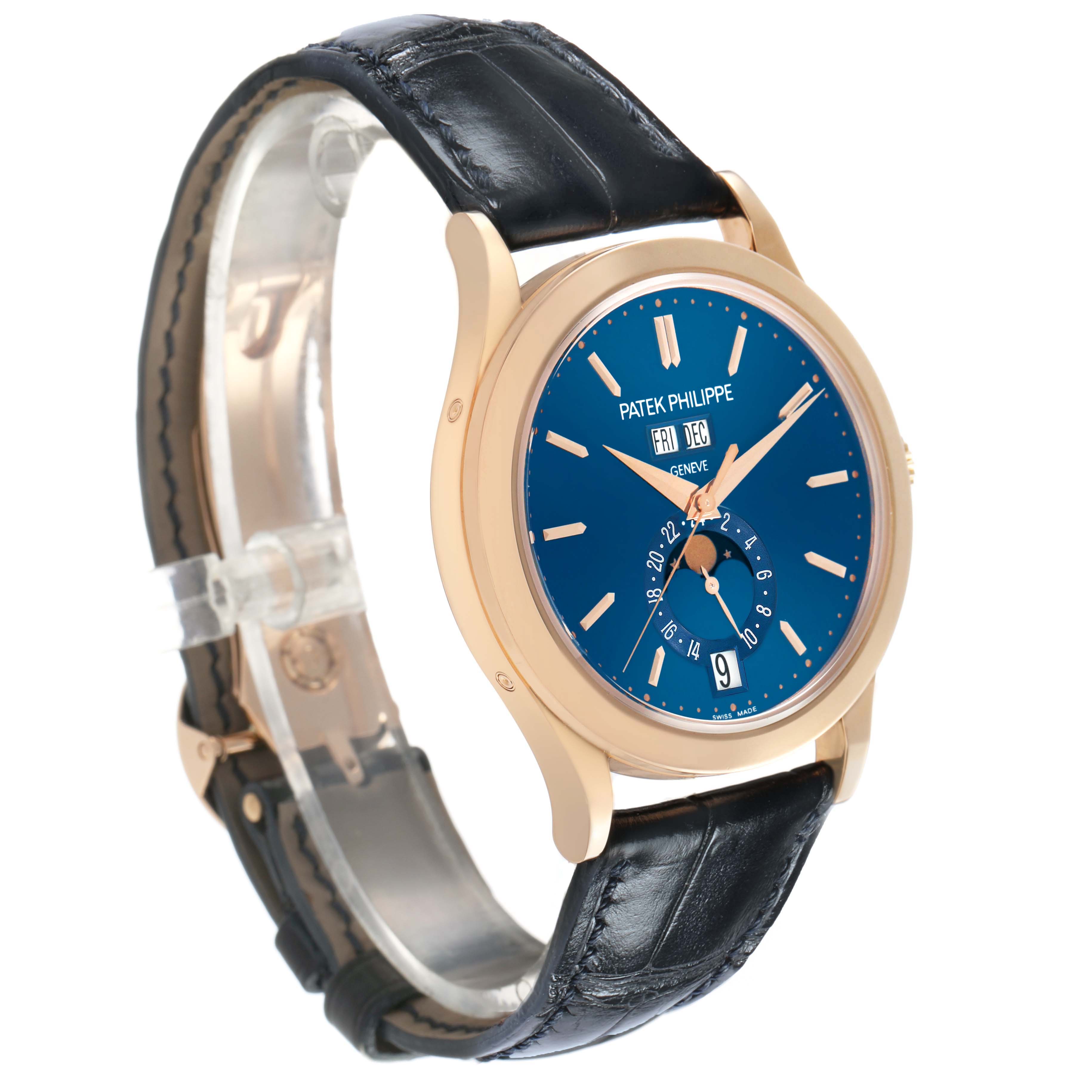 The Patek Philippe Complications 5396R 5396 Mens Rose Gold Blue Dial watch is shown at a side angle, displaying the blue dial, gold case, and black leather strap.