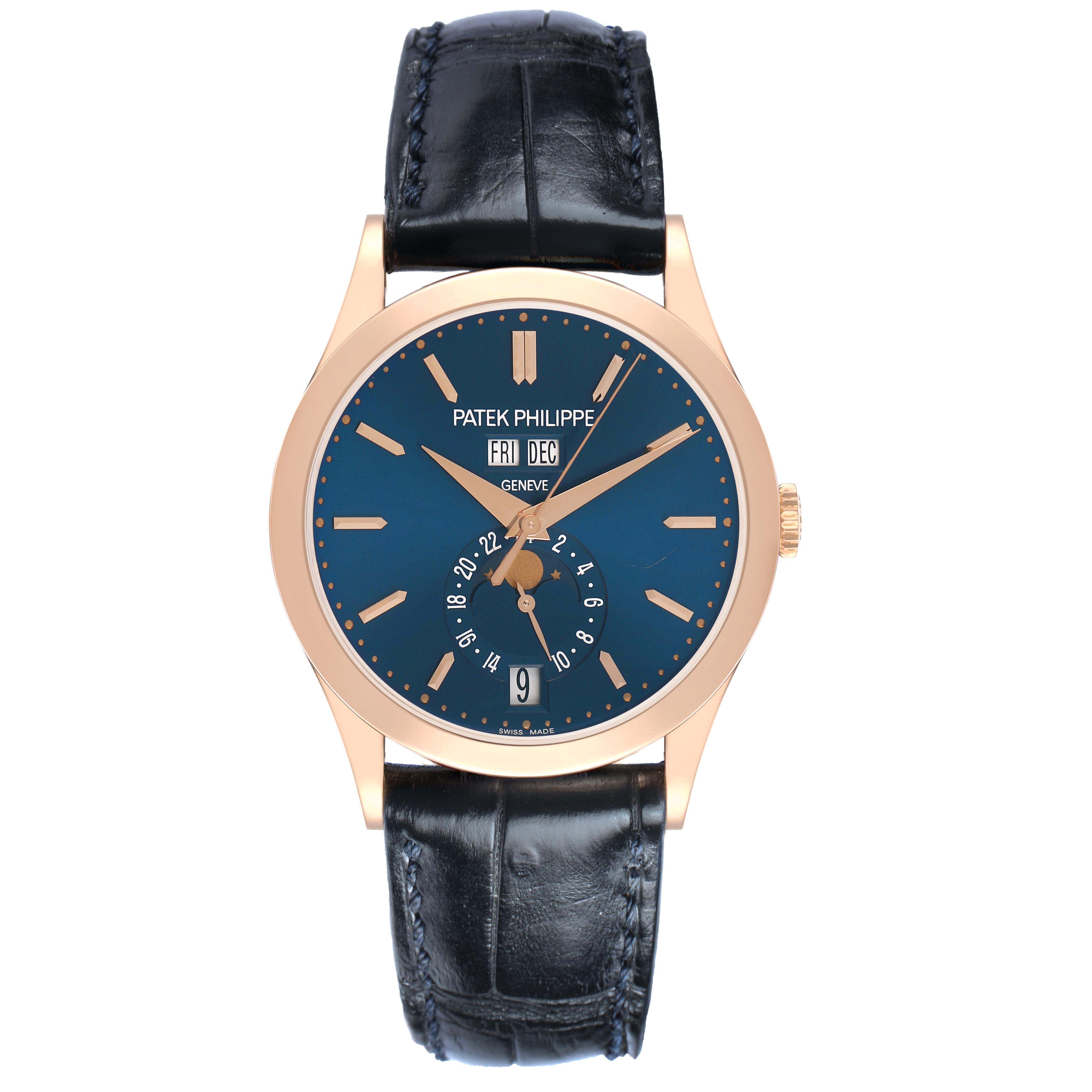 The Patek Philippe Complications 5396R 5396 Men's Rose Gold Blue Dial watch is shown from the front, displaying the dial, hands, and date features.