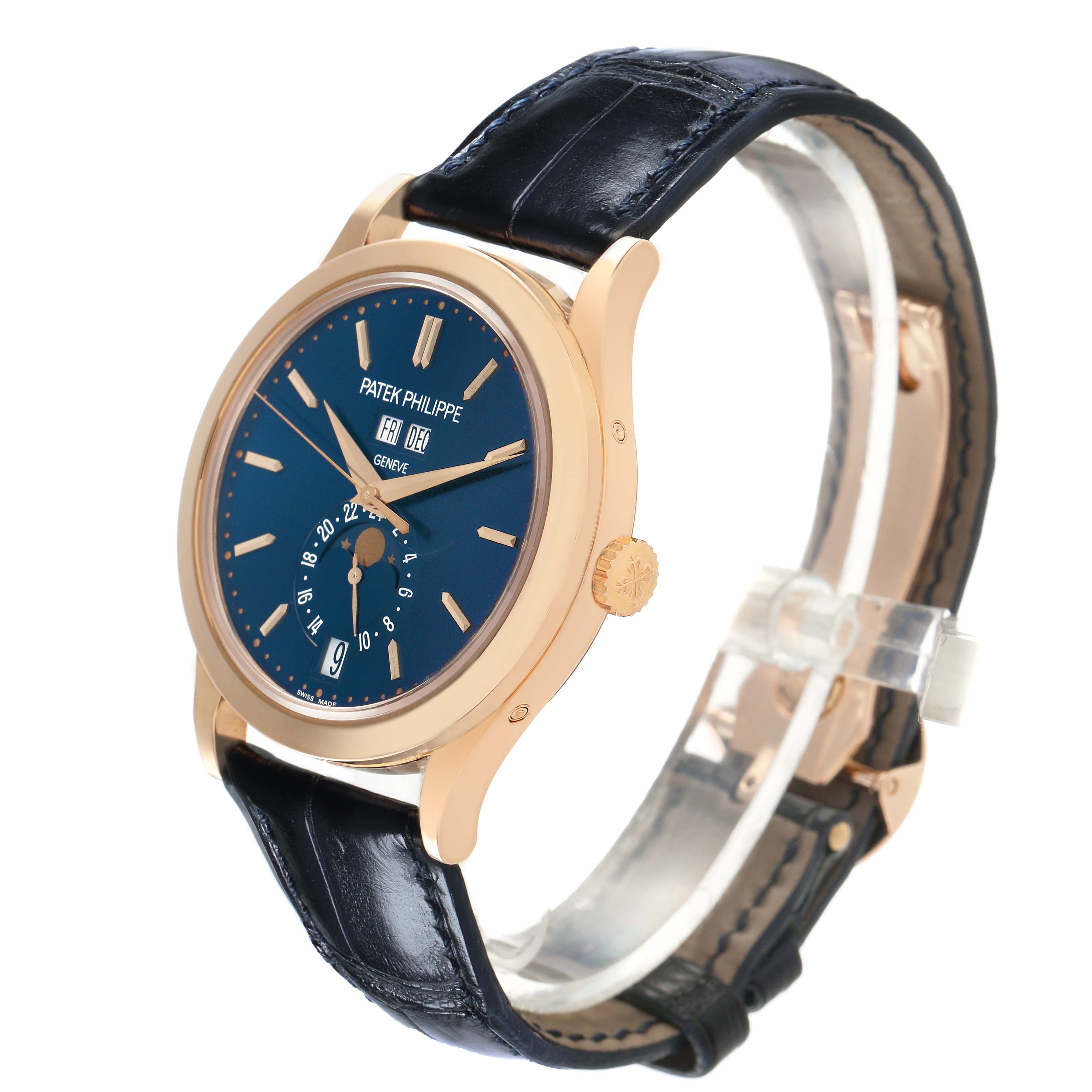 The Patek Philippe Complications 5396R 5396 Men's Rose Gold Blue Dial watch is shown at a slight angle, highlighting the blue dial, gold case, and black leather strap.