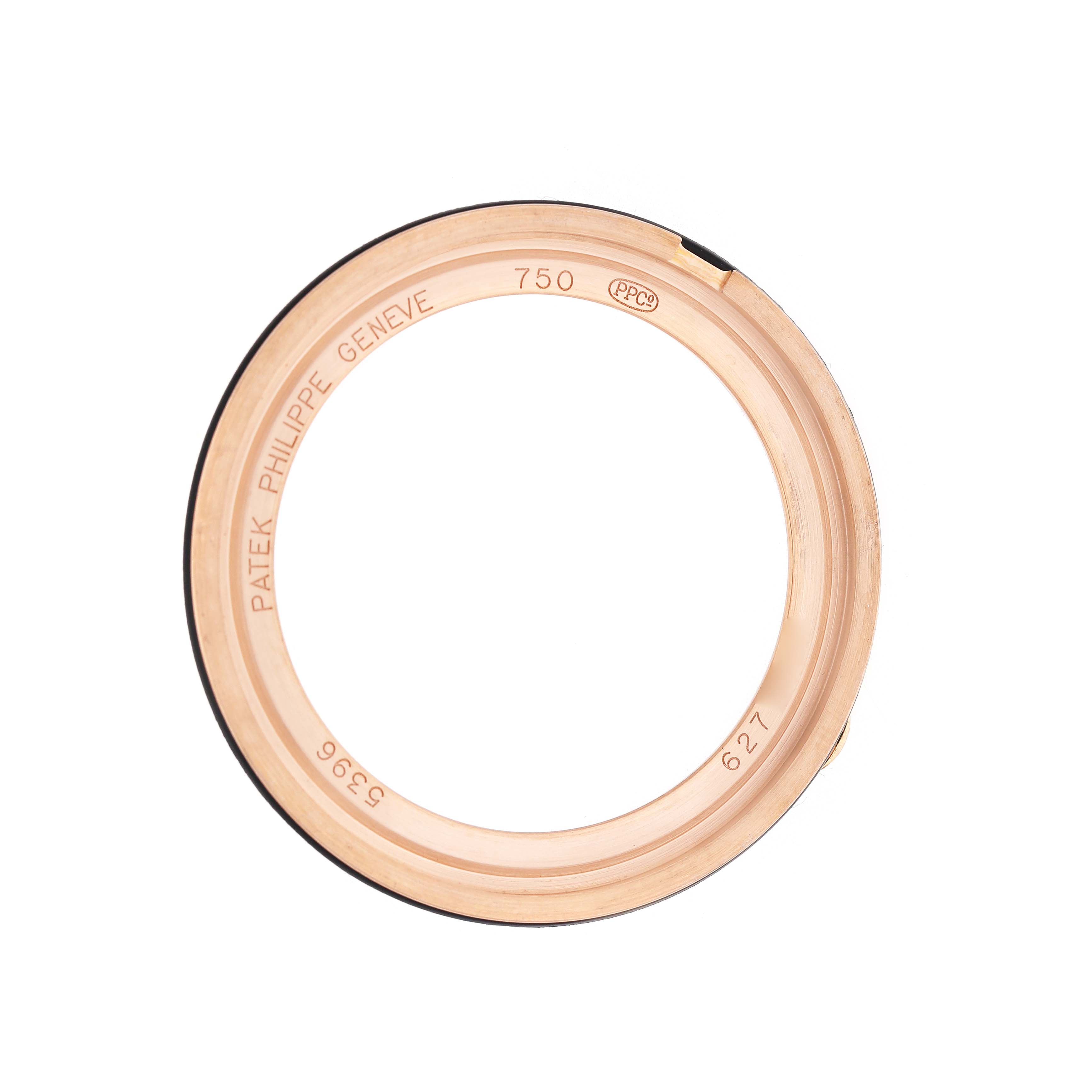 This image shows the bezel of a Patek Philippe Complications 5396R 5396 Men's Rose Gold Blue Dial watch from a top-down view.