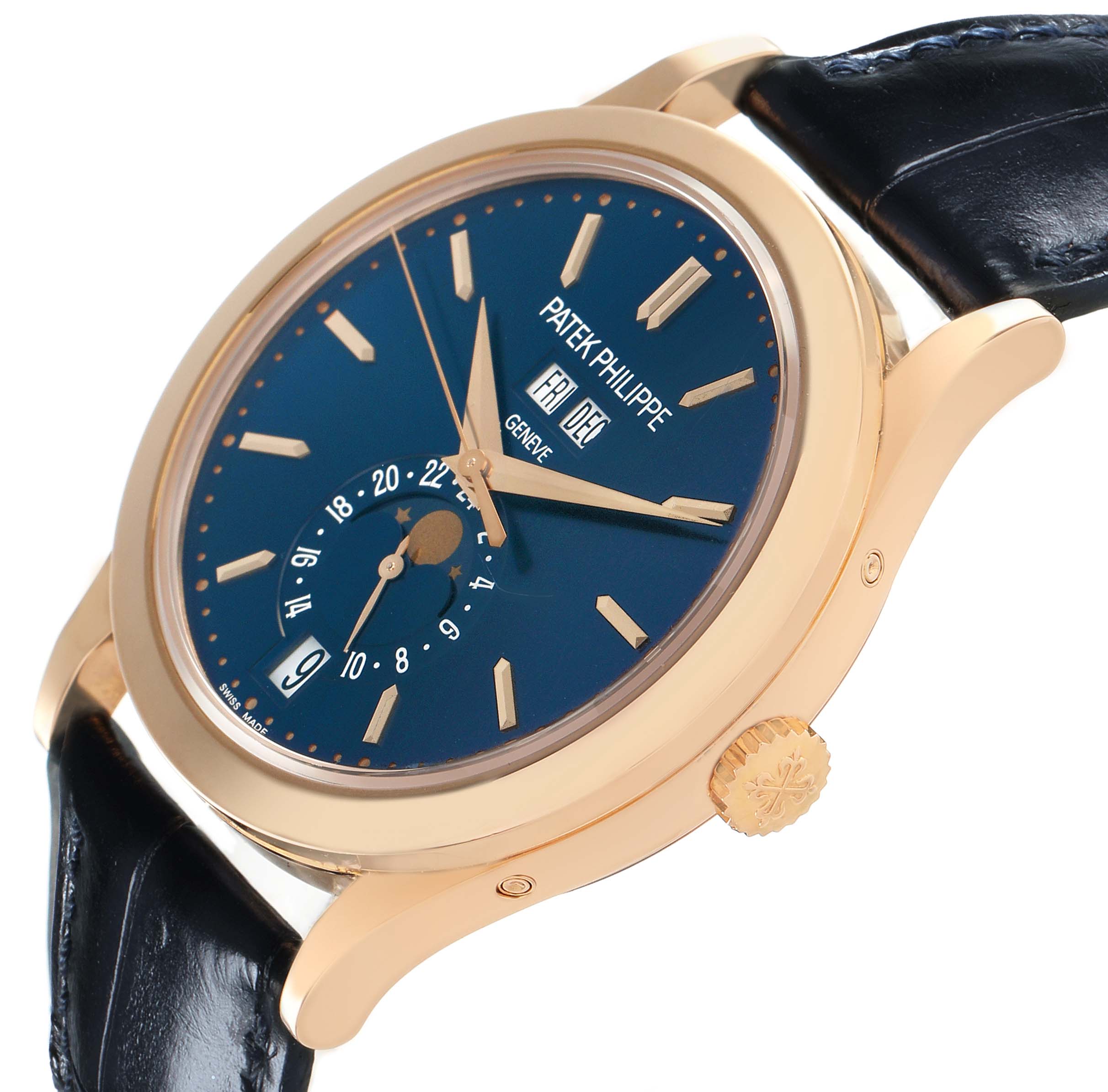 The Patek Philippe Complications 5396R 5396 Men's Rose Gold Blue Dial watch is shown at an angled side view, highlighting its blue dial, gold case, and black strap.