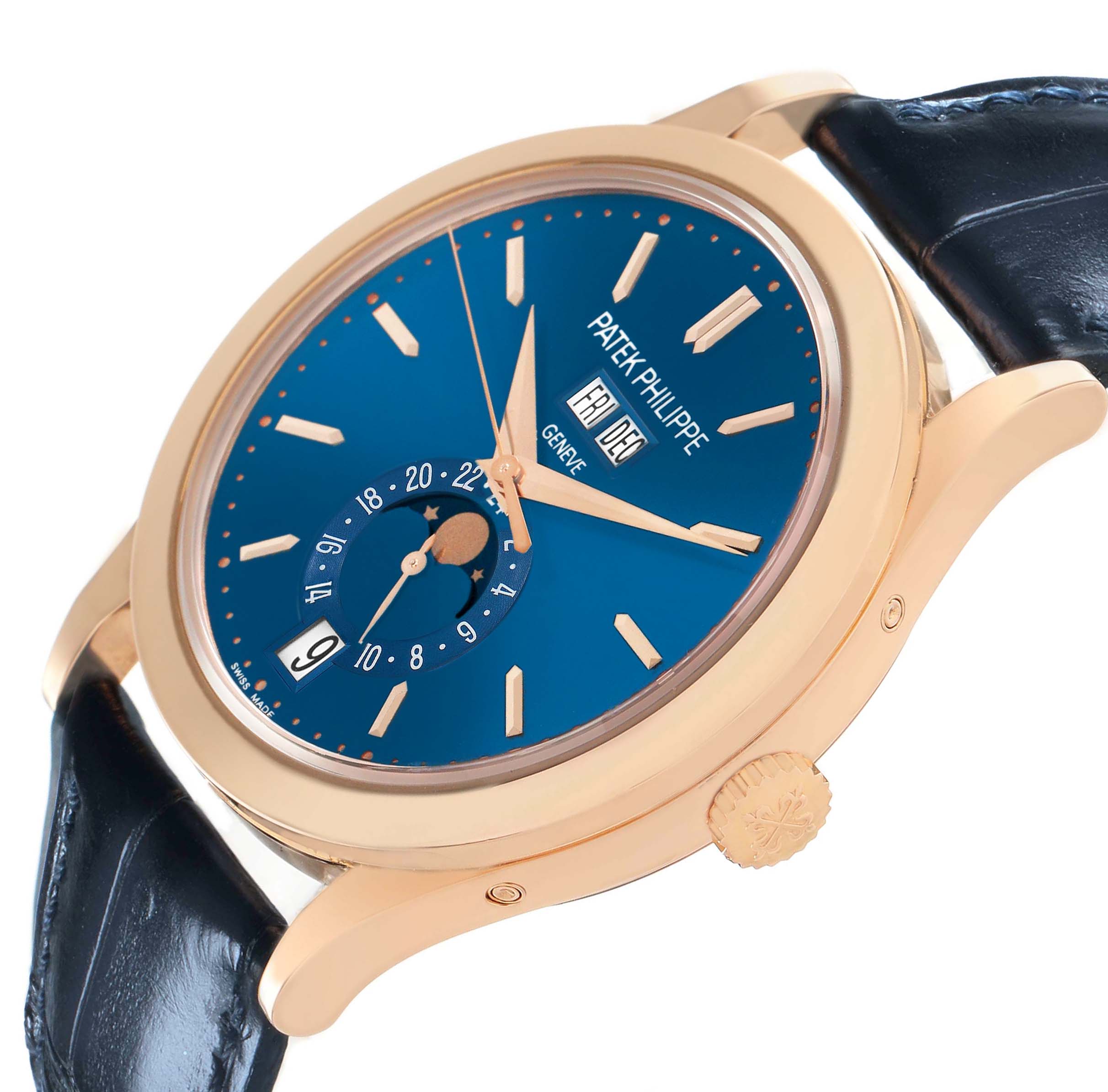 The Patek Philippe Complications 5396R 5396 Mens Rose Gold Blue Dial model is shown at an angle displaying its dial, crown, and part of the leather strap.