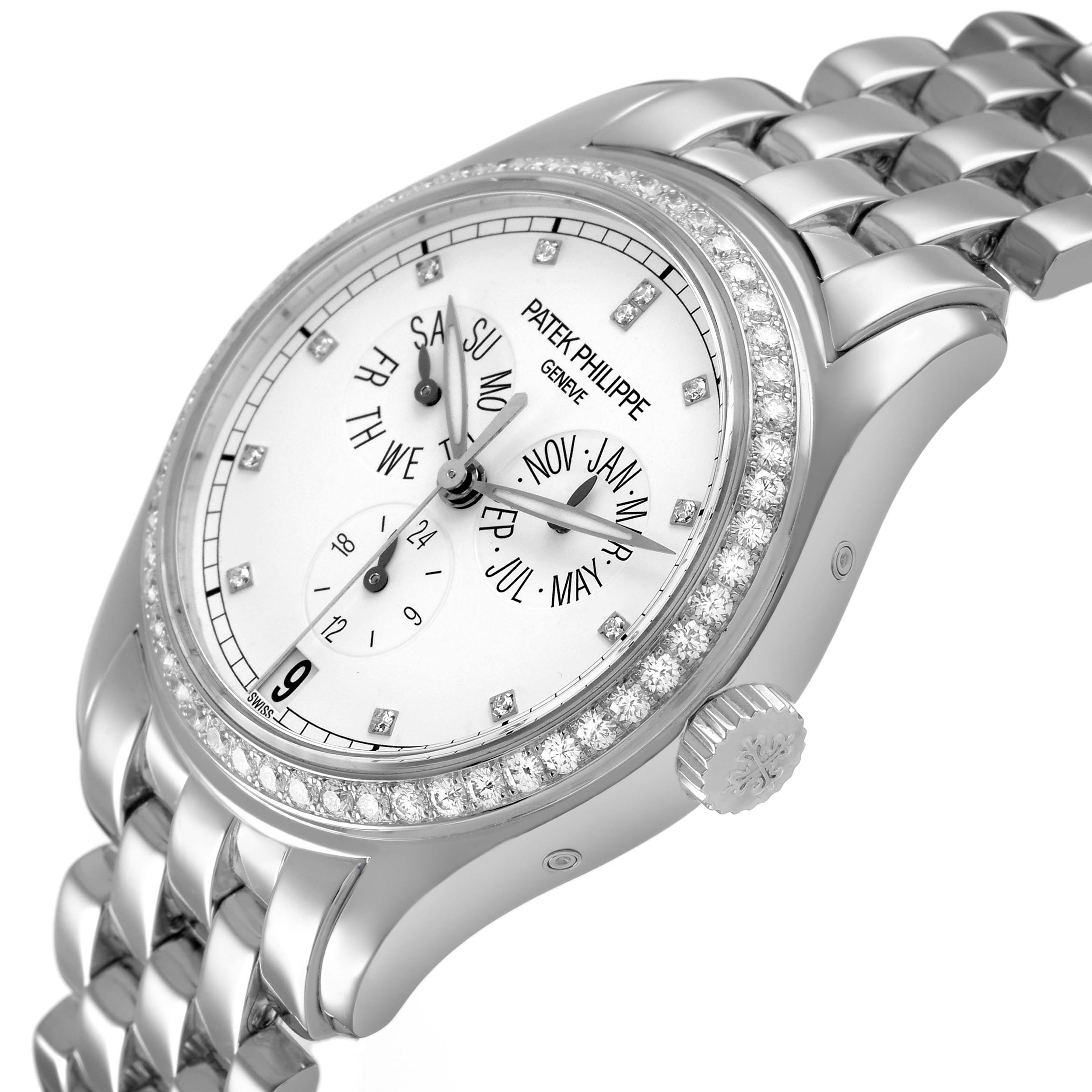 The Patek Philippe Complications 5037G 5037 Men's White Gold White Dial watch is shown at a side angle, displaying the face, bezel with diamonds, crown, and bracelet.