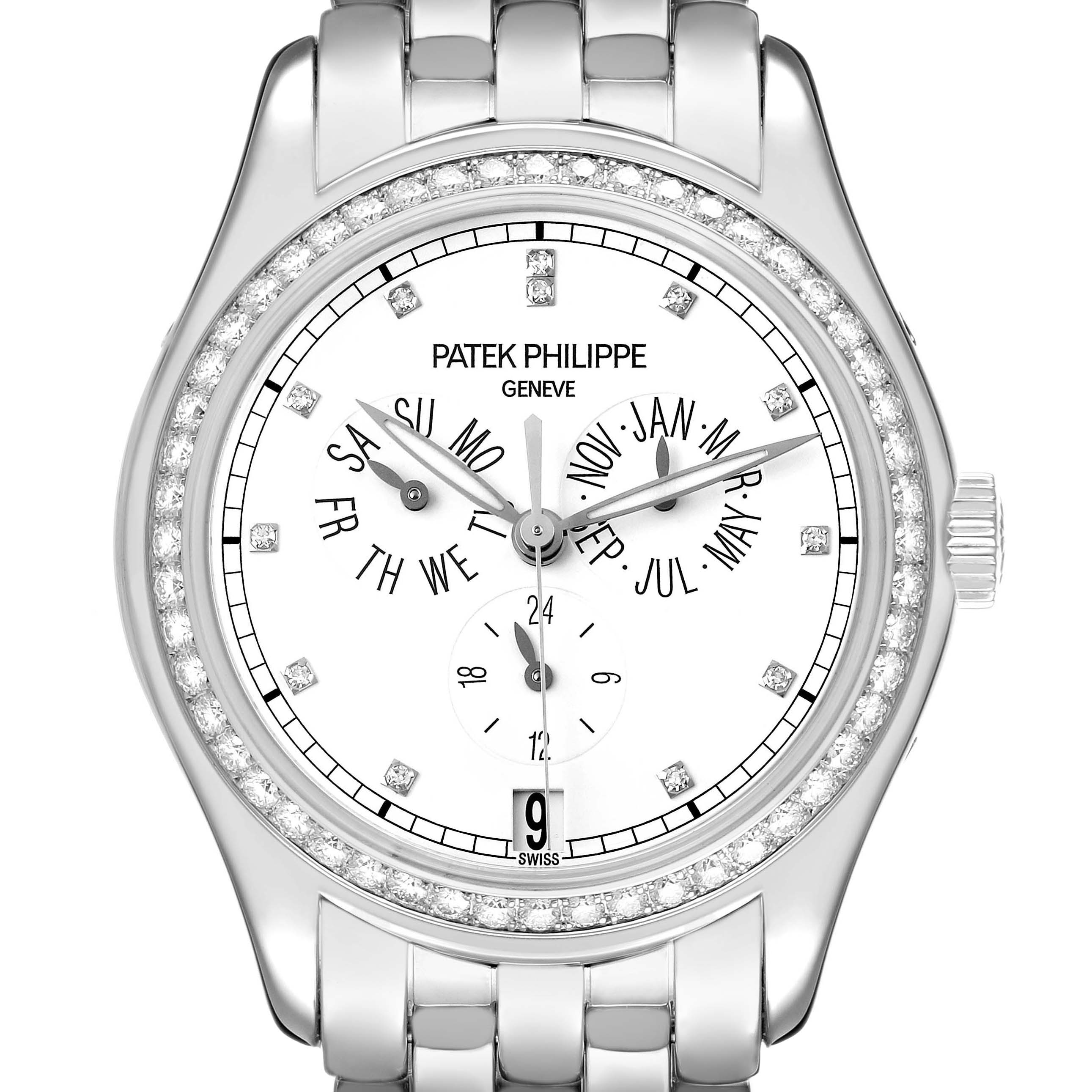 The image shows a front view of a Patek Philippe Complications 5037G 5037 Men's White Gold White Dial watch, highlighting the dial, bezel, and bracelet.
