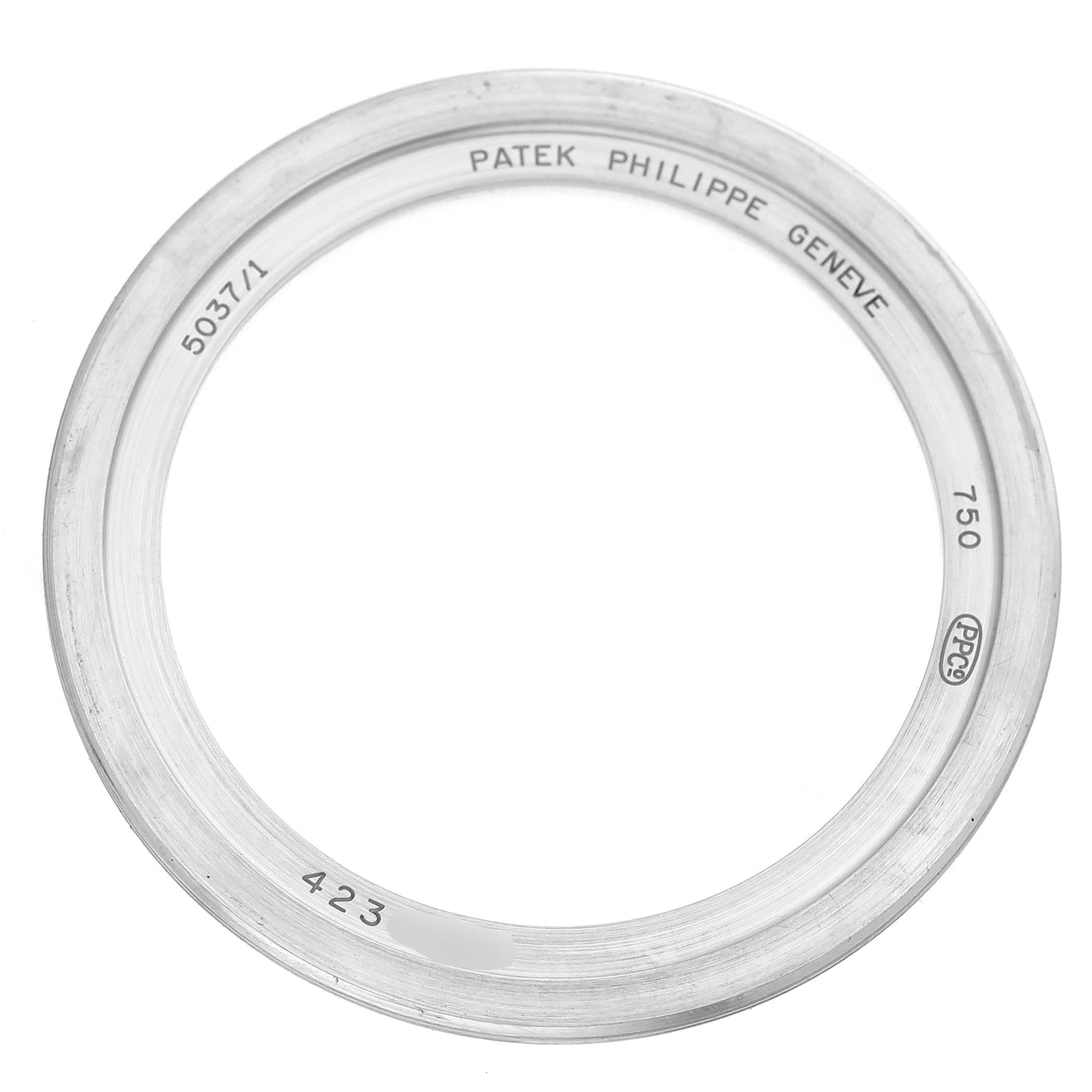 The image shows a circular bezel from the Patek Philippe Complications 5037G 5037 Men's White Gold White Dial model, viewed from the top-down angle.