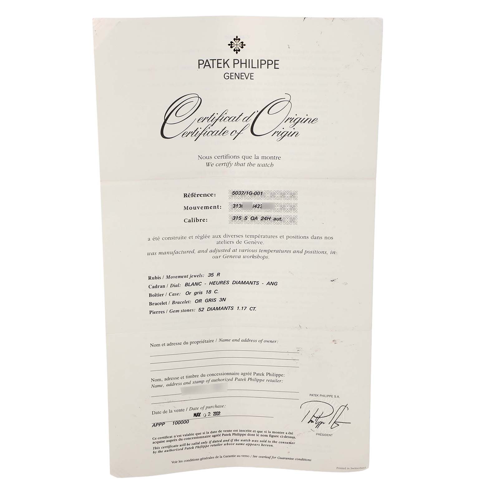 The image shows a Certificate of Origin for a Patek Philippe Complications 5037G 5037 Men's White Gold White Dial model, with details about the watch.