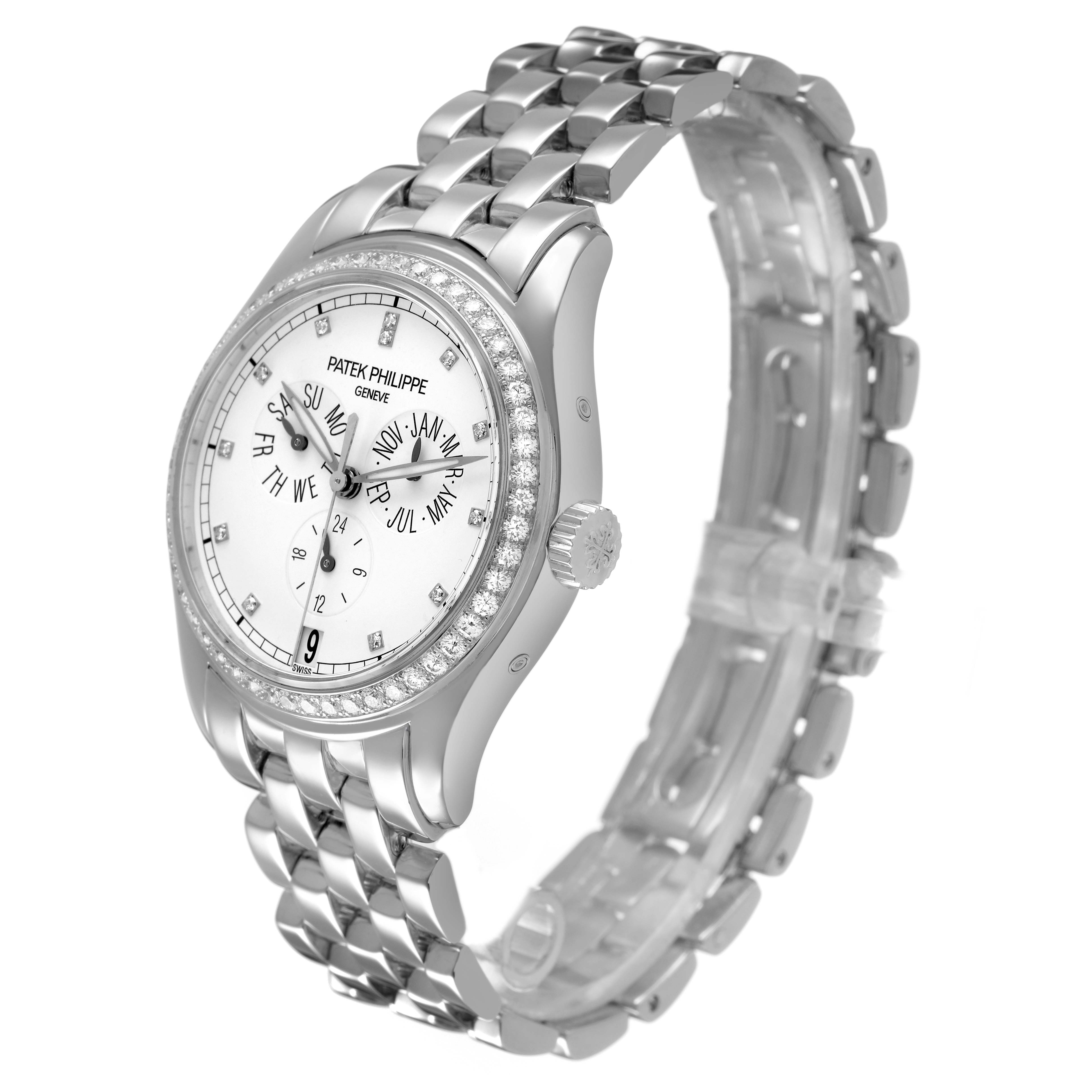 The Patek Philippe Complications 5037G 5037 Men's White Gold White Dial watch is shown at a three-quarter angle, highlighting the face, bezel, and bracelet.