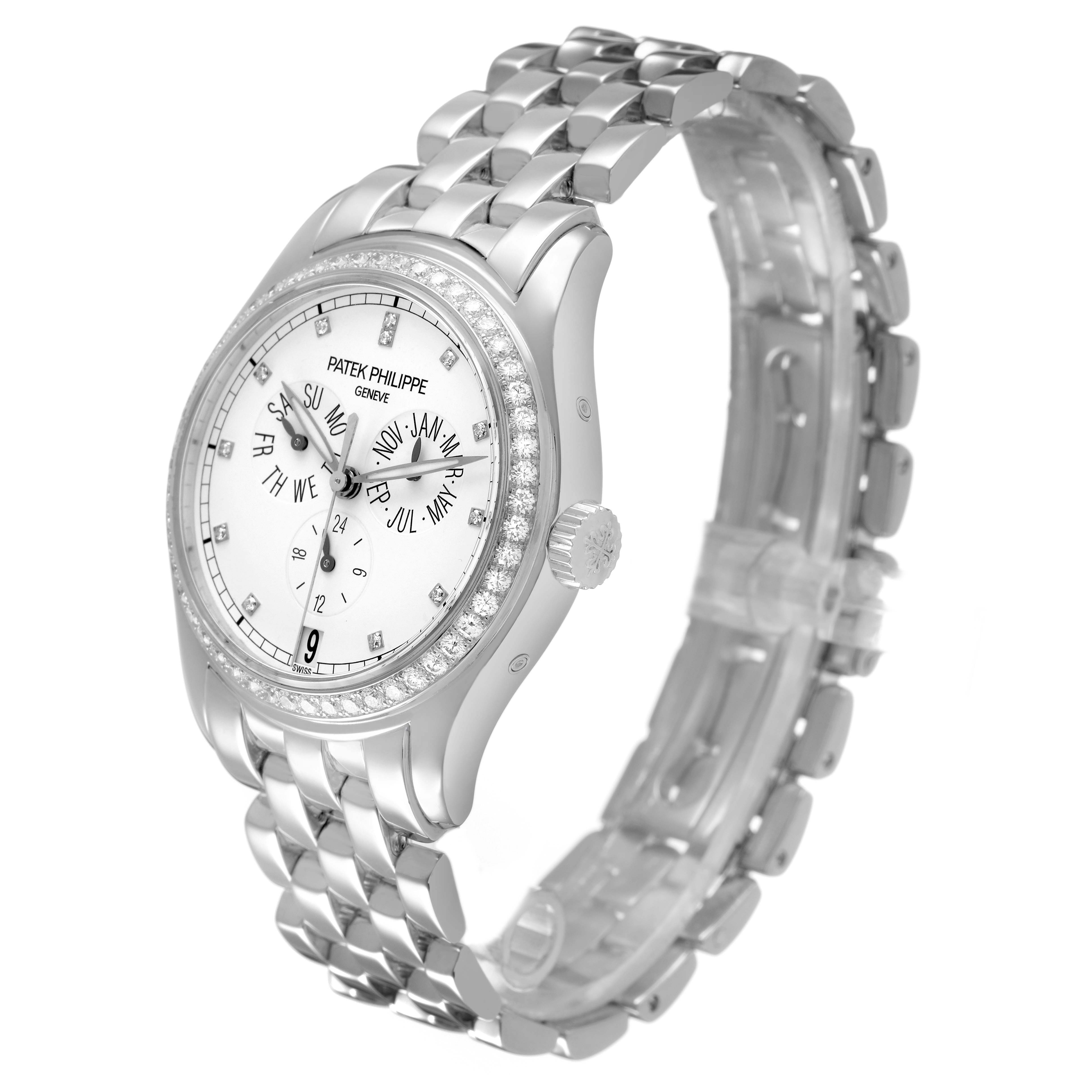 The Patek Philippe Complications 5037G 5037 Men's White Gold White Dial watch is shown at a three-quarter angle, displaying the dial, bezel, crown, and bracelet.