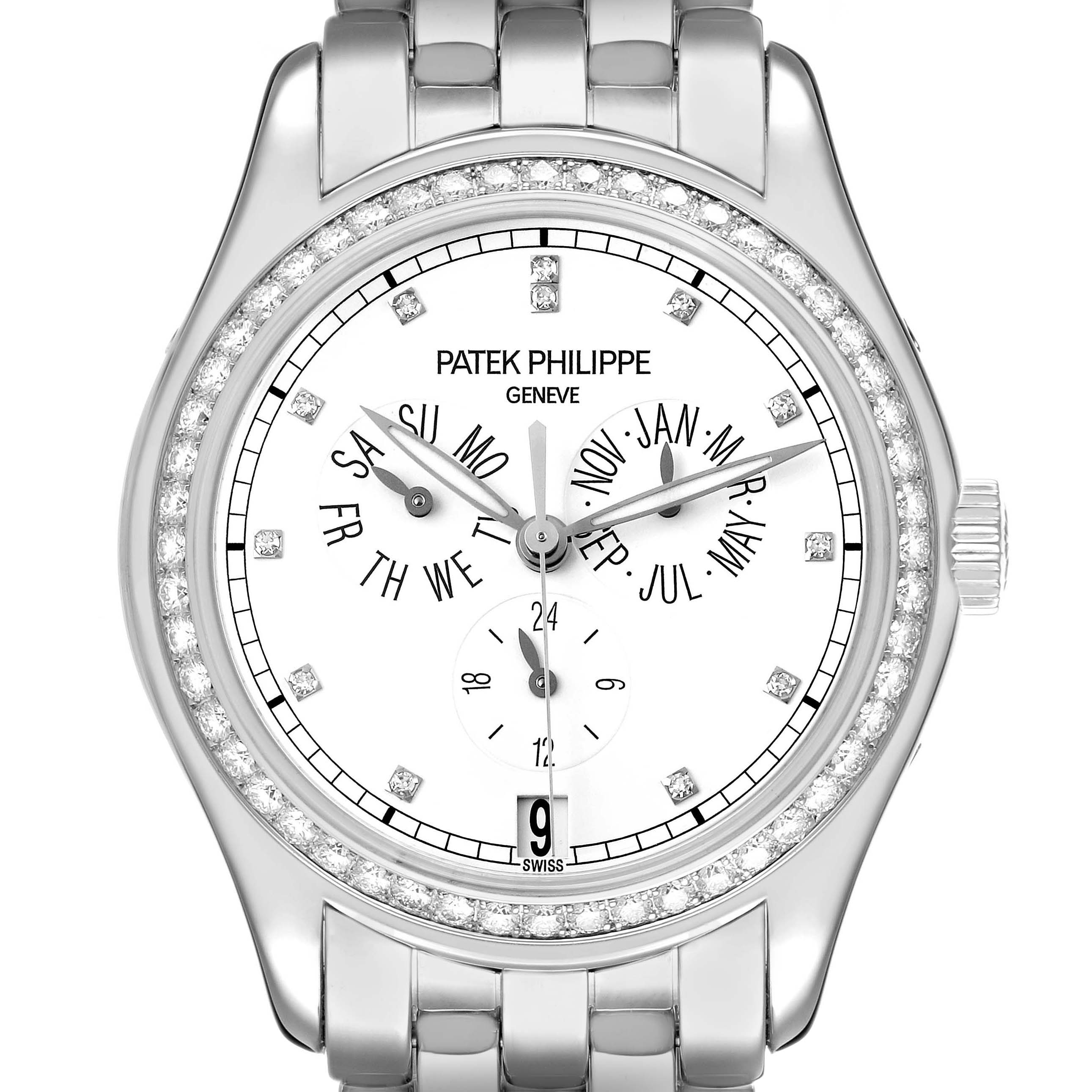 The image shows a frontal view of the Patek Philippe Complications 5037G 5037 Men's White Gold White Dial watch, highlighting its diamond-set bezel and detailed dial features.