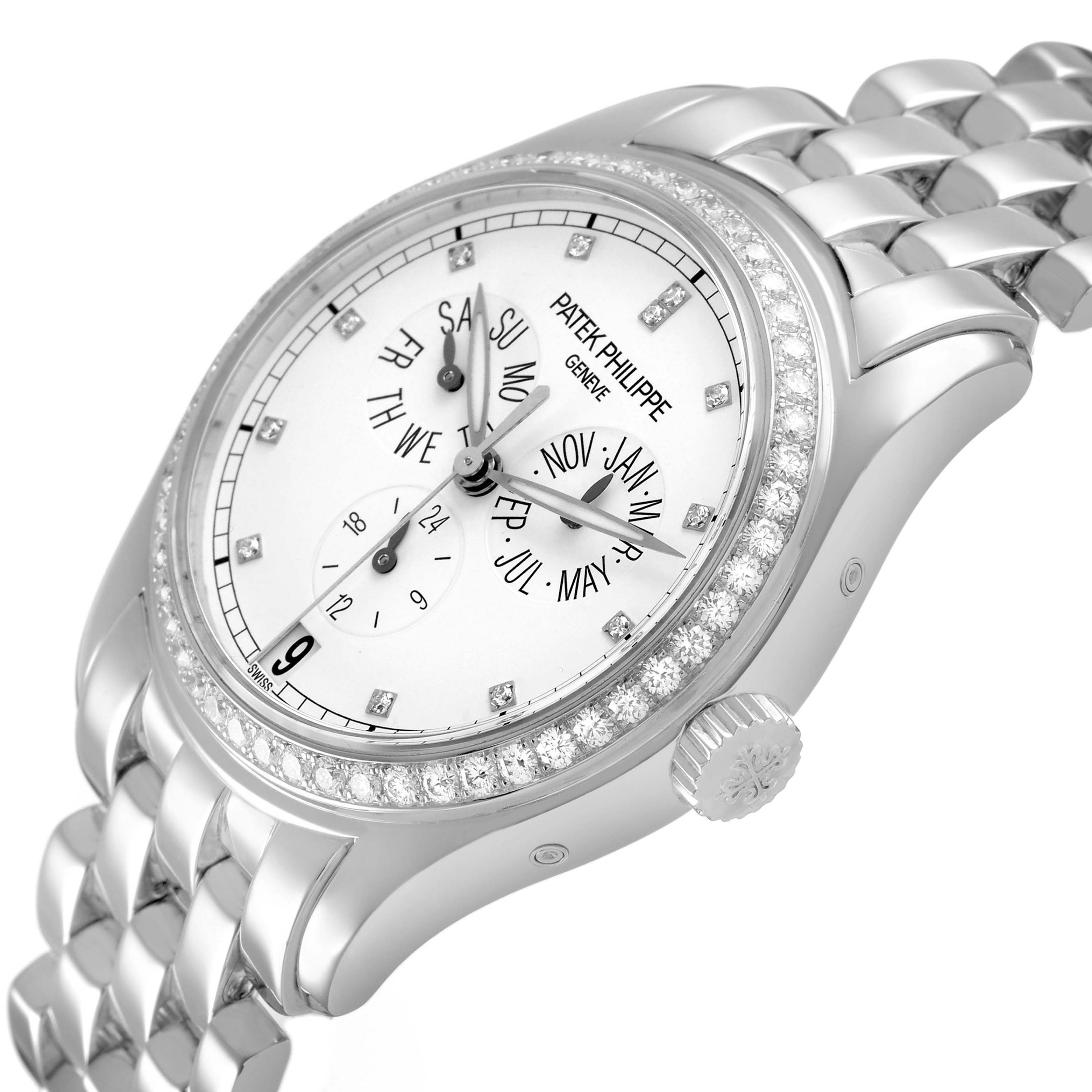 The Patek Philippe Complications 5037G 5037 Men's White Gold White Dial watch is shown at an angled view, displaying the face, diamond bezel, crown, and bracelet.