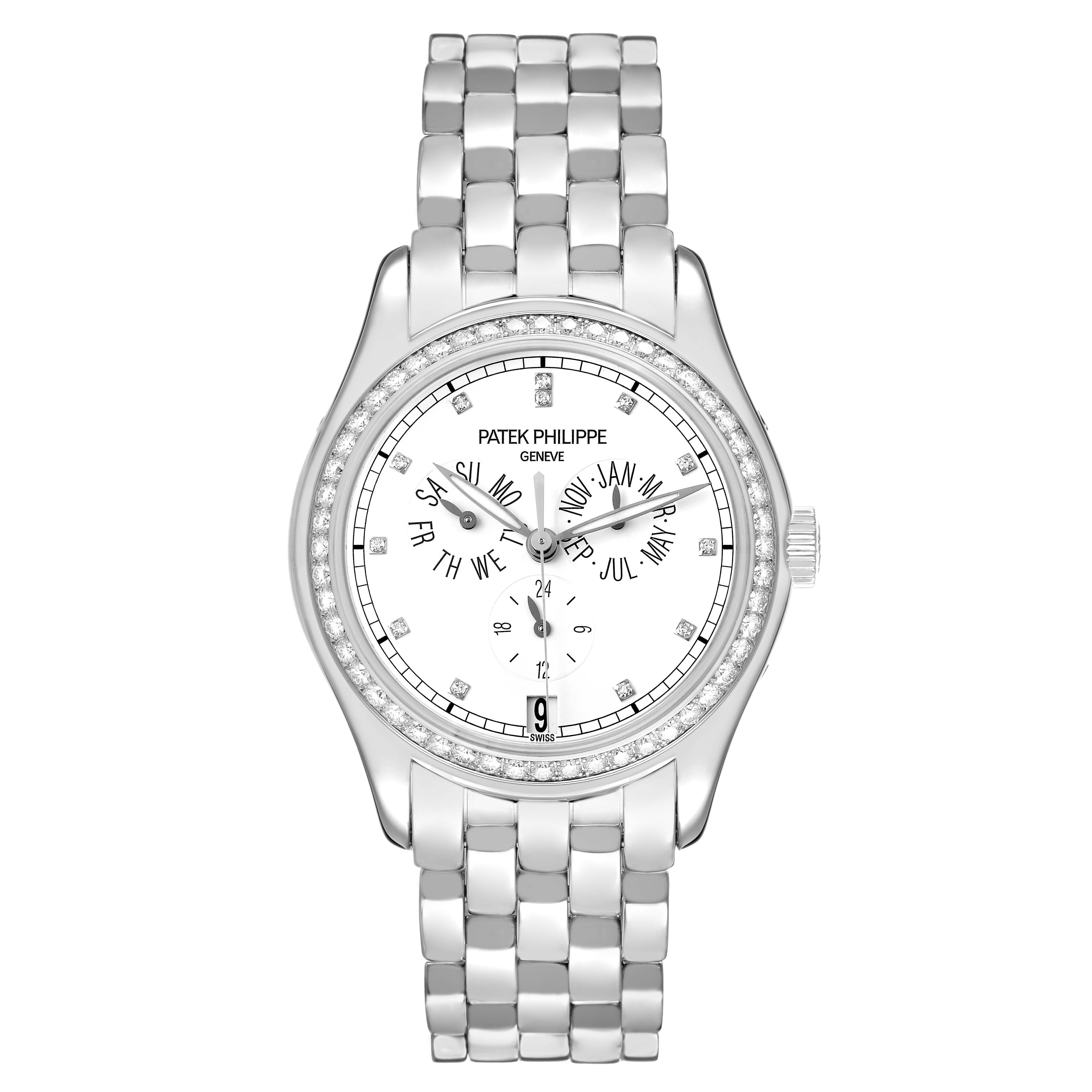 The Patek Philippe Complications 5037G 5037 Men's White Gold White Dial watch is shown from the front, highlighting its face, bracelet, and diamond-set bezel.