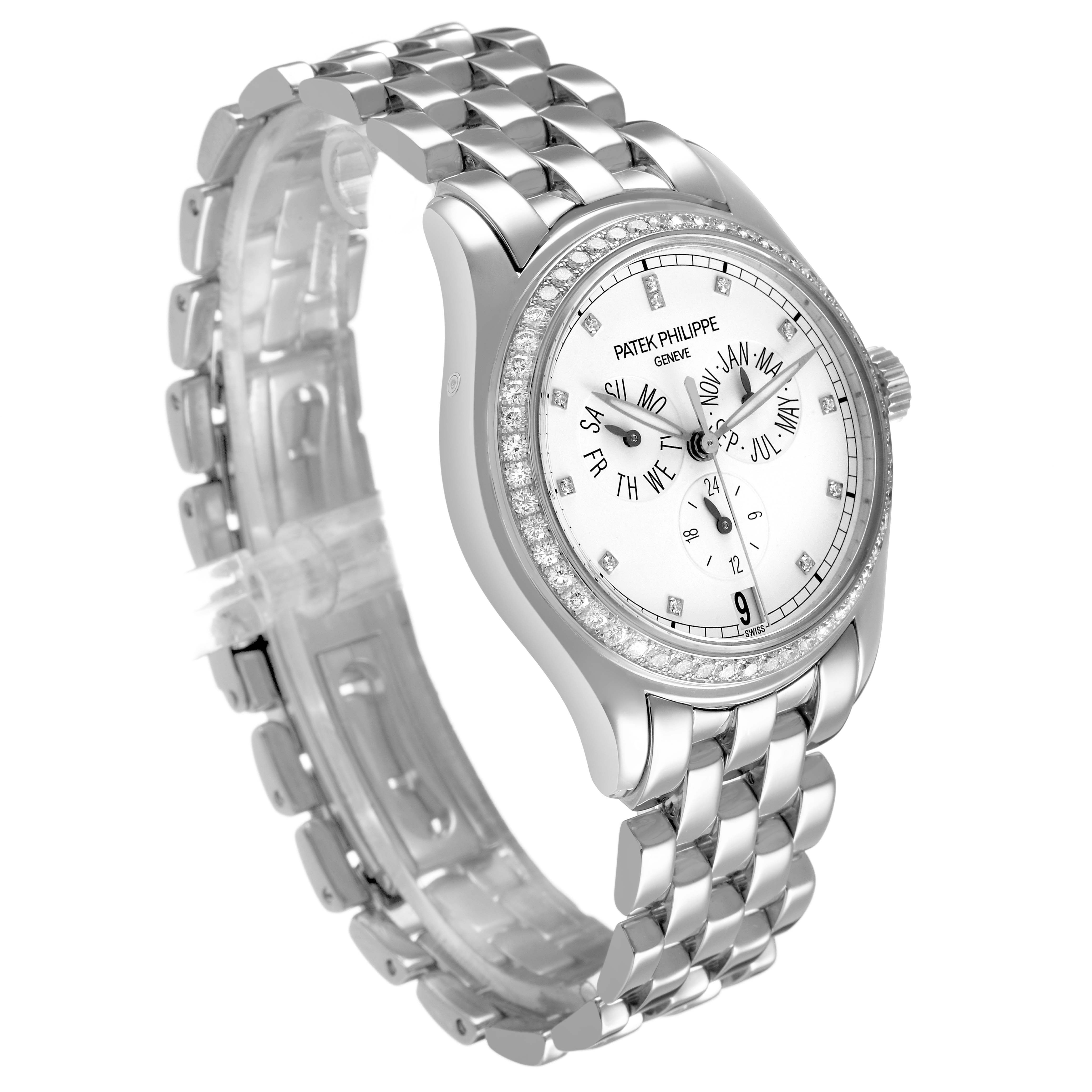 The Patek Philippe Complications 5037G 5037 Men's White Gold White Dial watch is shown at a three-quarter angle, highlighting the bracelet, bezel, and dial.