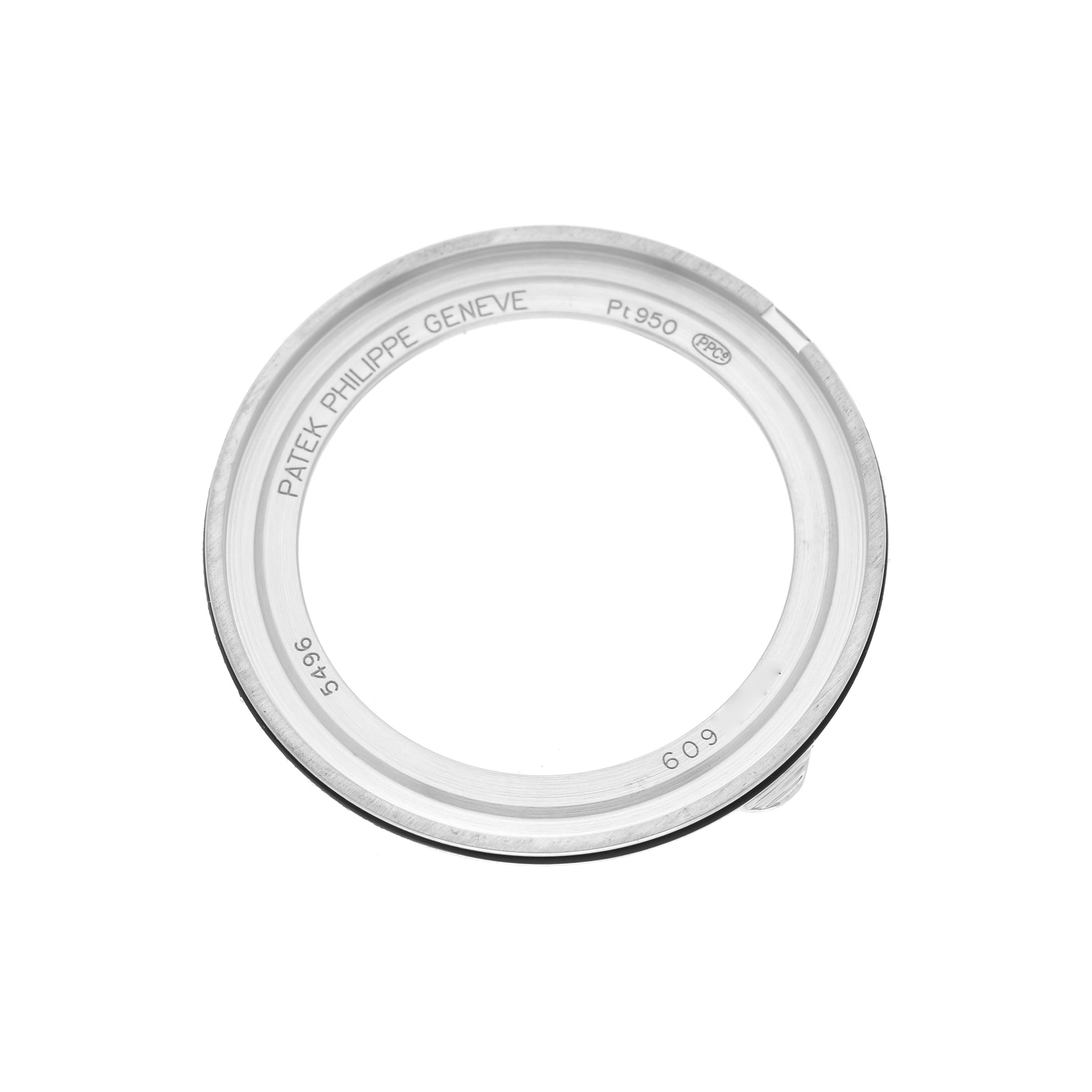 The image shows a top-down view of a Patek Philippe Complications 5496P-014 Men's Platinum Brown Dial model bezel ring, inscribed with "Patek Philippe Geneve" and "Pt950."