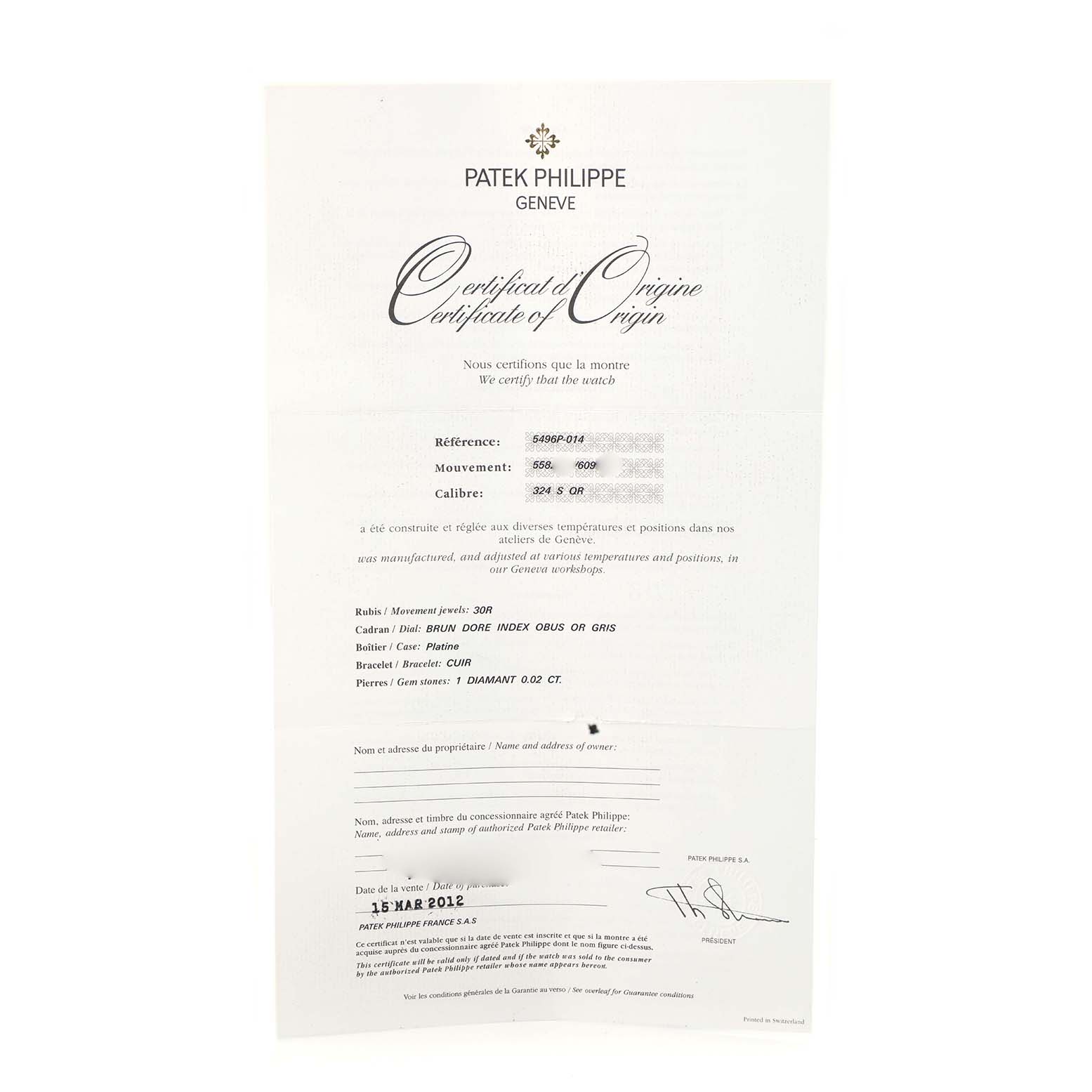 The image shows a Patek Philippe Complications 5496P-014 Men's Platinum Brown Dial model certificate, detailing movement, caliber, and other specifications.