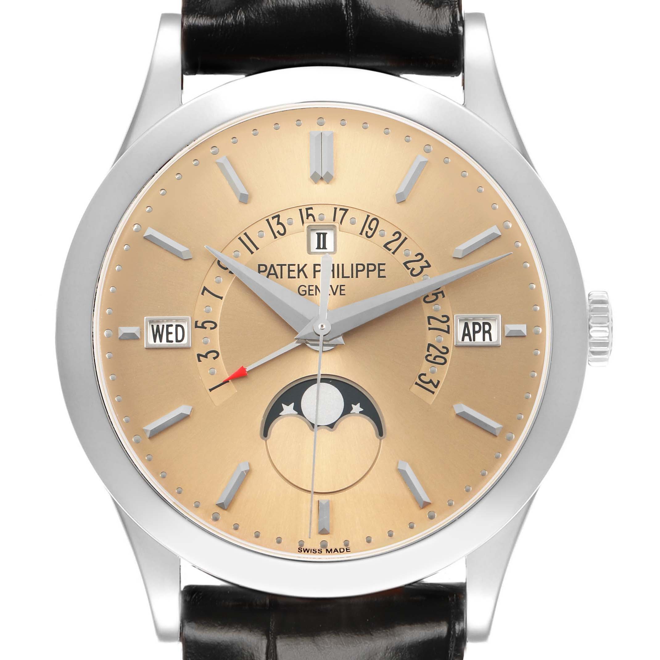 The Patek Philippe Complications 5496P-014 Men's Platinum Brown Dial watch is shown from the front, displaying the face, hands, and moon phase feature.