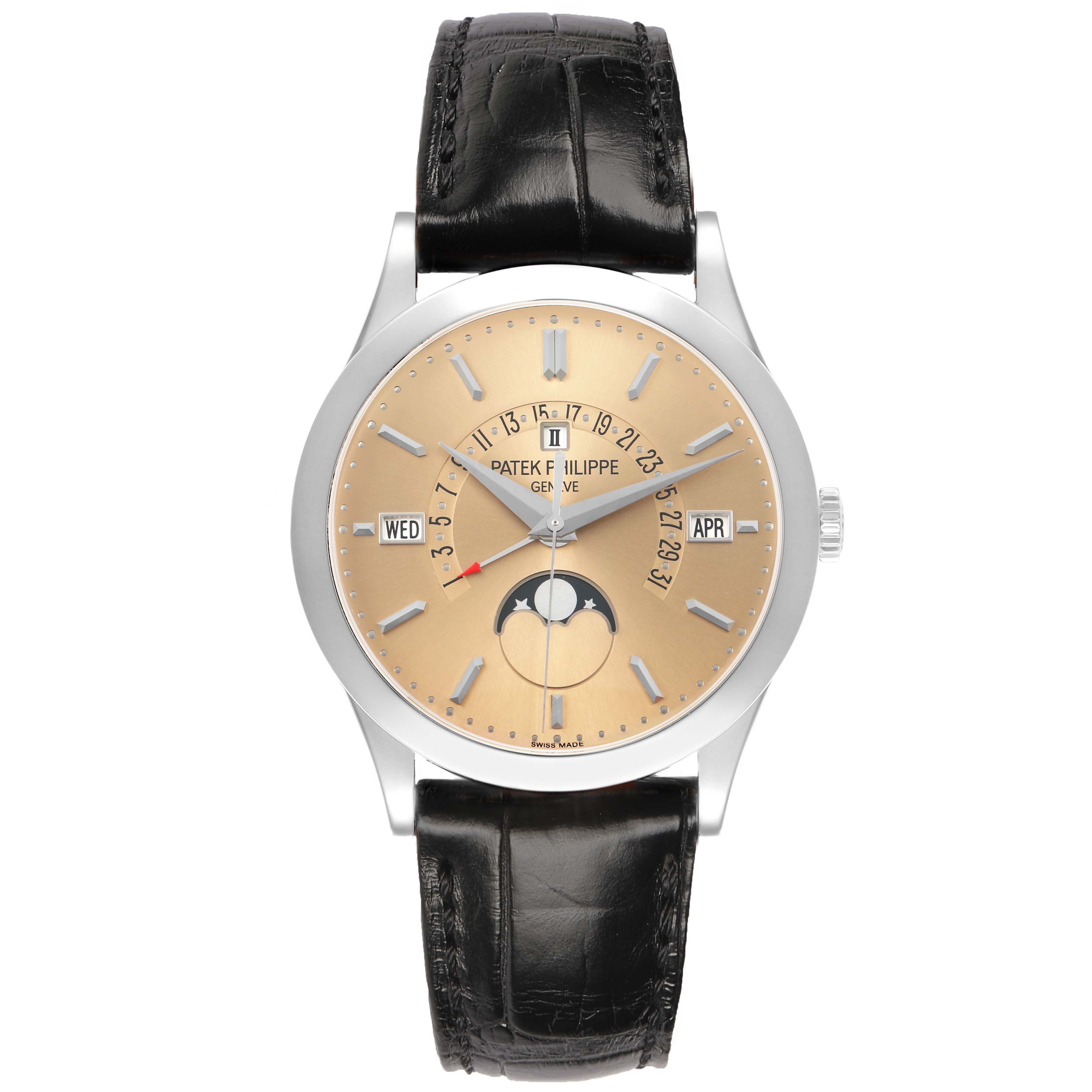 The Patek Philippe Complications 5496P-014 Men's Platinum Brown Dial watch is shown from a front angle, displaying the dial, hands, and calendar features clearly.