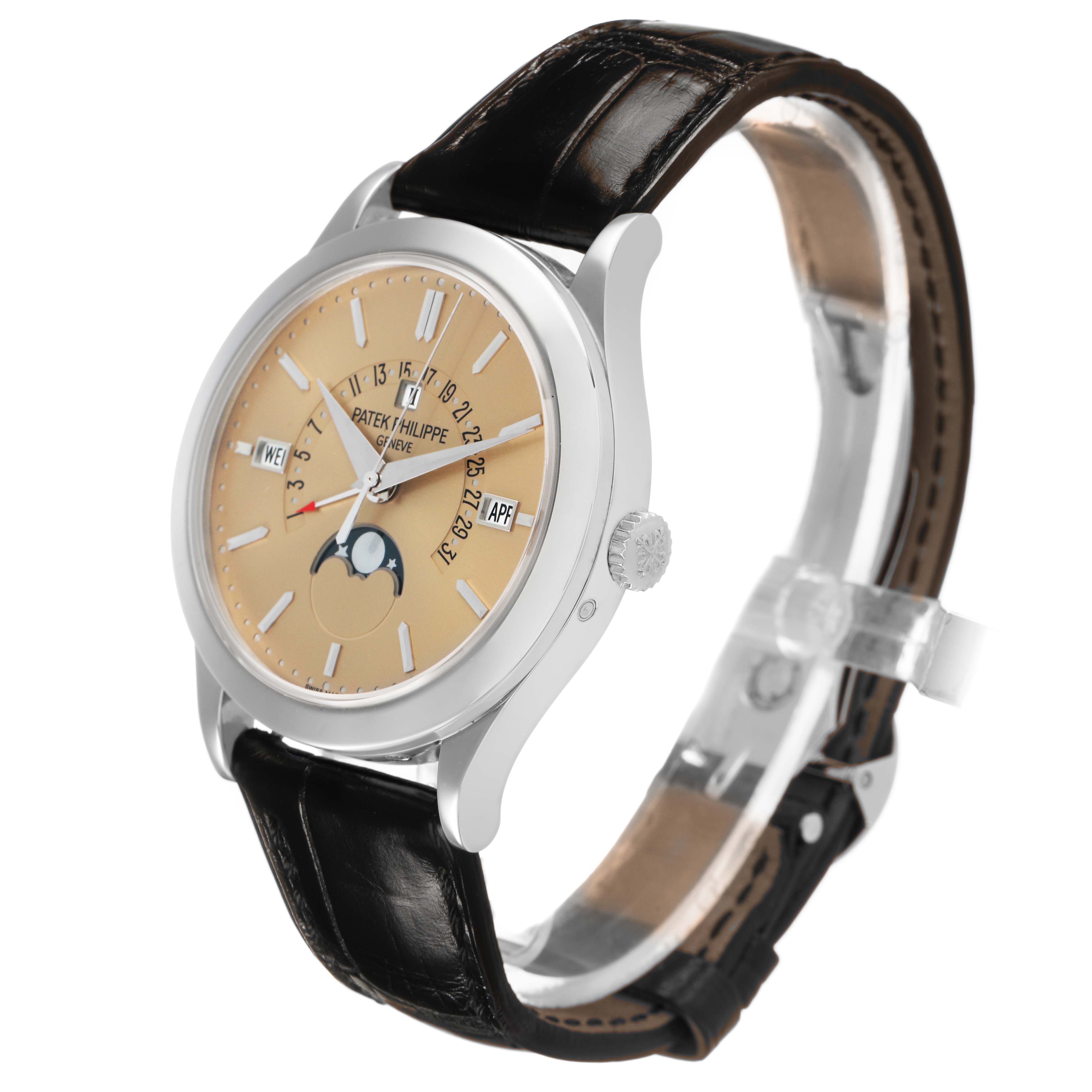 The Patek Philippe Complications 5496P-014 Men's Platinum Brown Dial watch is shown at a three-quarter angle, highlighting the dial, crown, and leather strap.