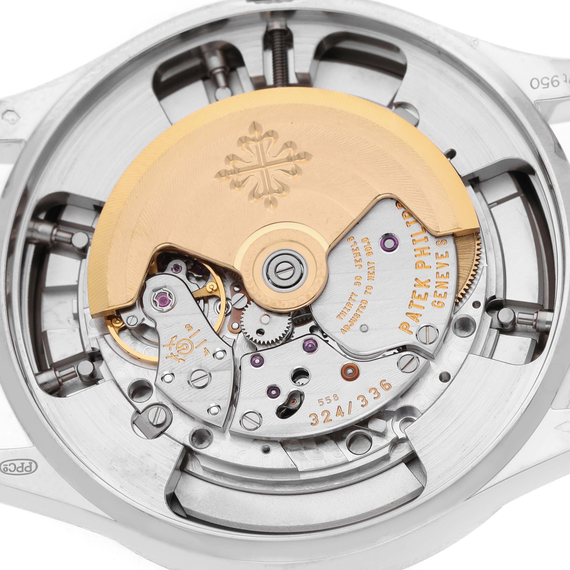 The image shows the movement of a Patek Philippe Complications 5496P-014 Men's Platinum Brown Dial watch from a top-down angle, highlighting the rotor and internal mechanics.