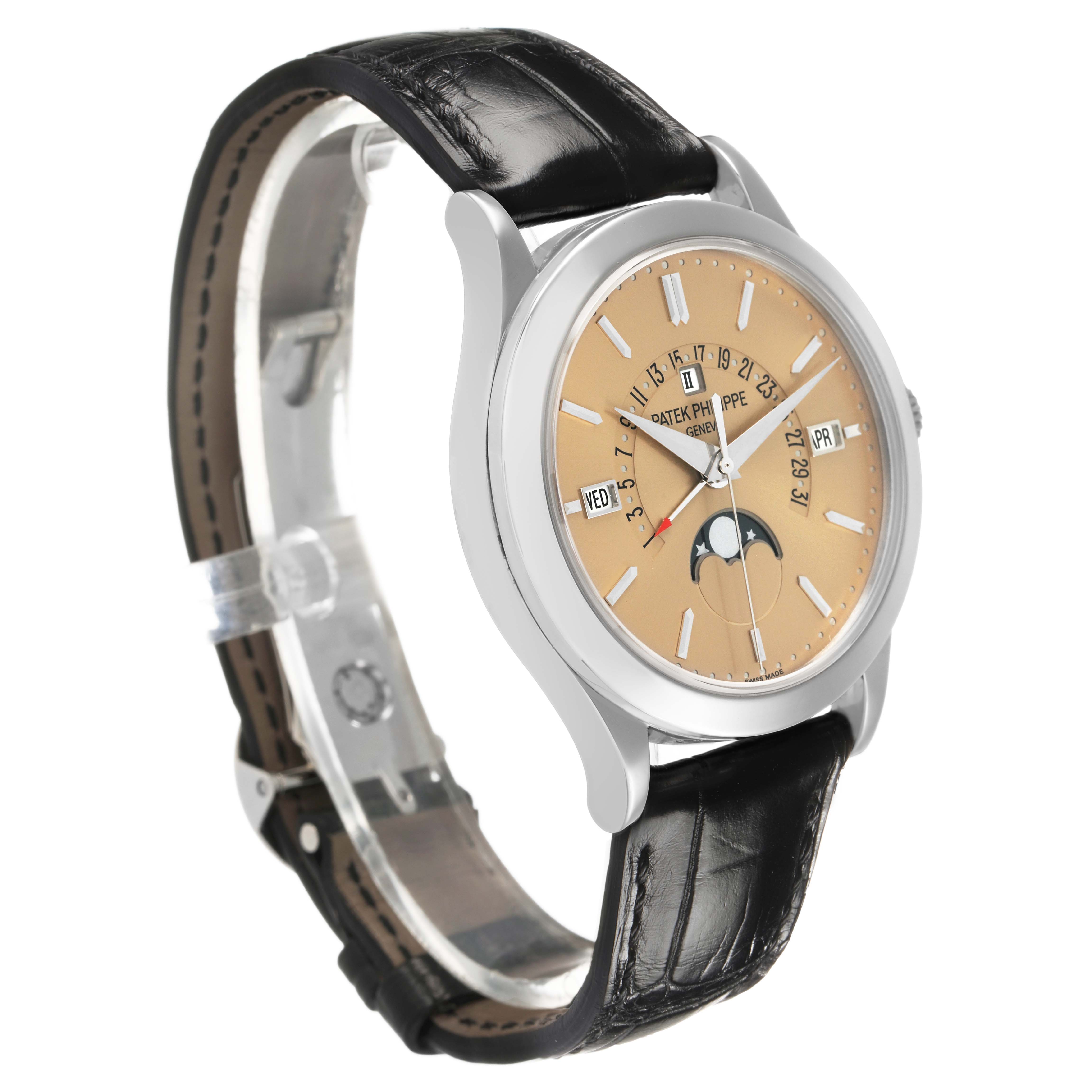 The Patek Philippe Complications 5496P-014 Men's Platinum Brown Dial watch is shown at a side angle, featuring its dial, case, and black leather strap.