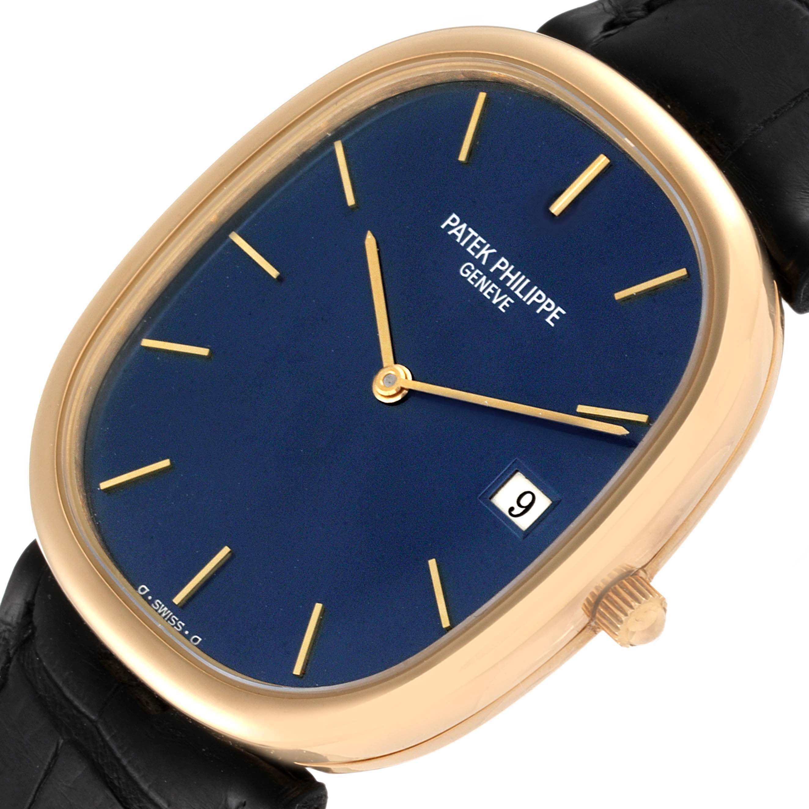 This image shows a close-up of the Patek Philippe Golden Ellipse 3747 Men's Yellow Gold Blue Dial 3747 Men's Yellow Gold Blue Dial watch, highlighting its dial, hands, date window, and crown.
