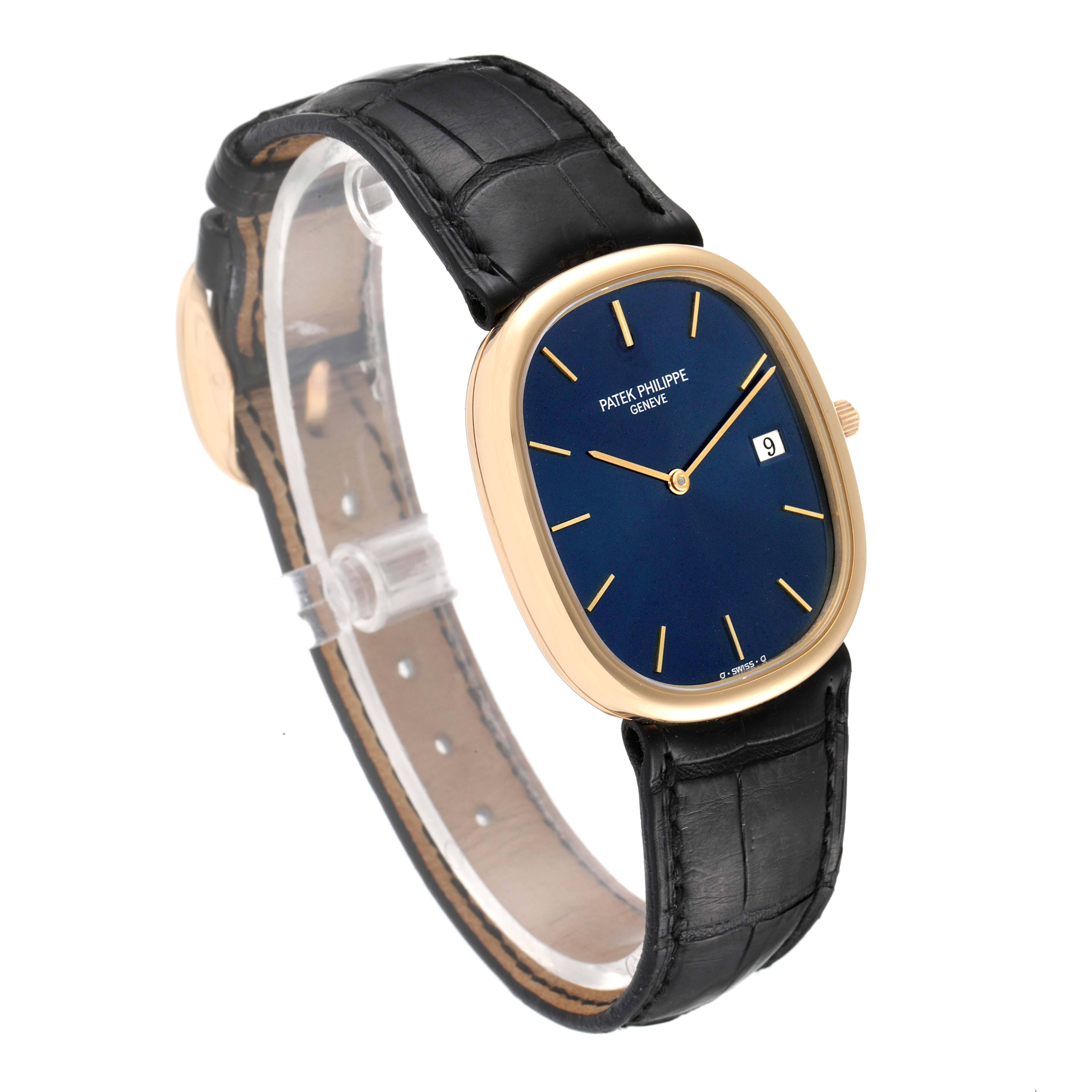 The image shows a Patek Philippe Golden Ellipse 3747 Men's Yellow Gold Blue Dial 3747 Men's Yellow Gold Blue Dial watch angled to display its face, strap, and side profile.