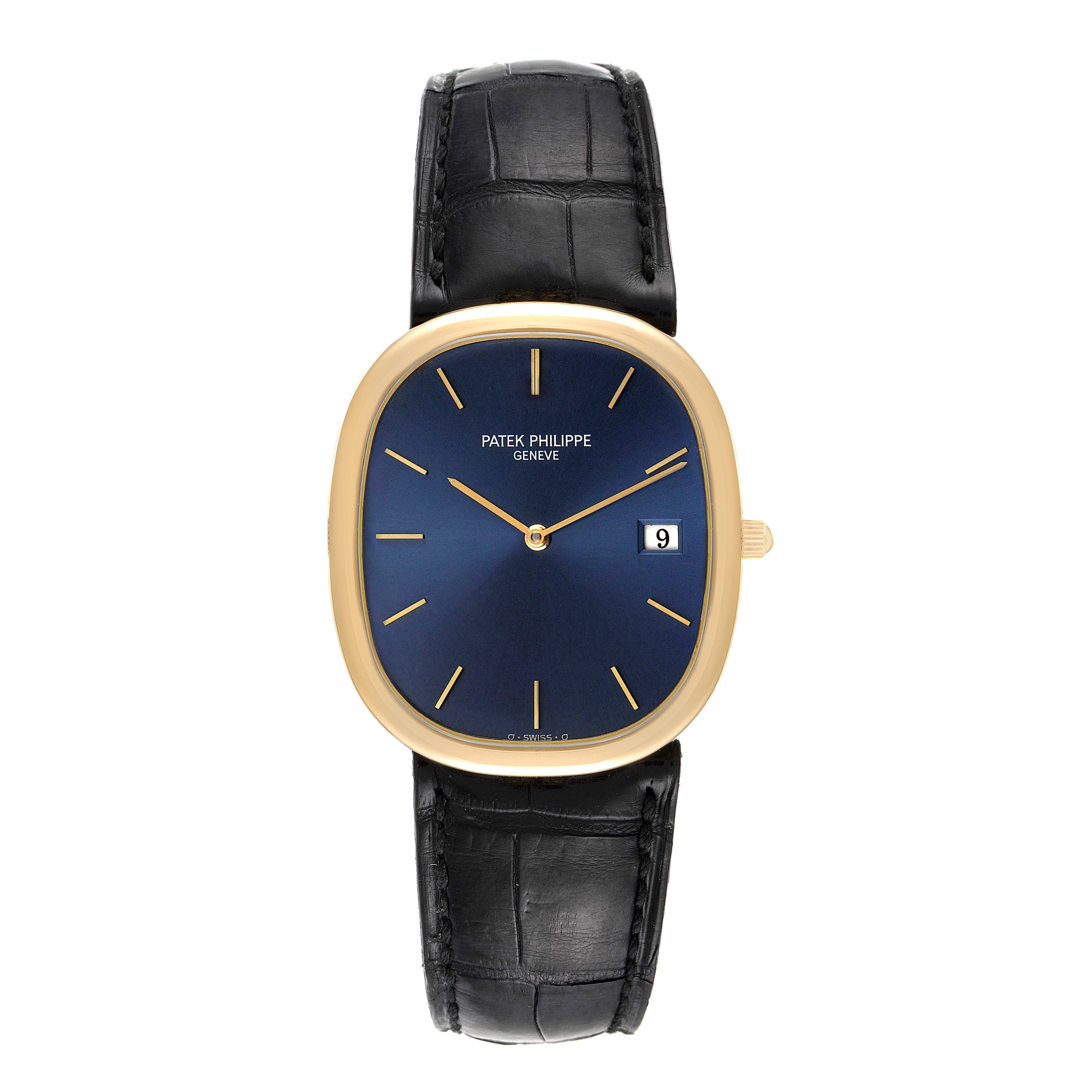 This image shows a front view of the Patek Philippe Golden Ellipse 3747 Men's Yellow Gold Blue Dial 3747 Men's Yellow Gold Blue Dial watch, displaying its blue dial, gold case, and black strap.