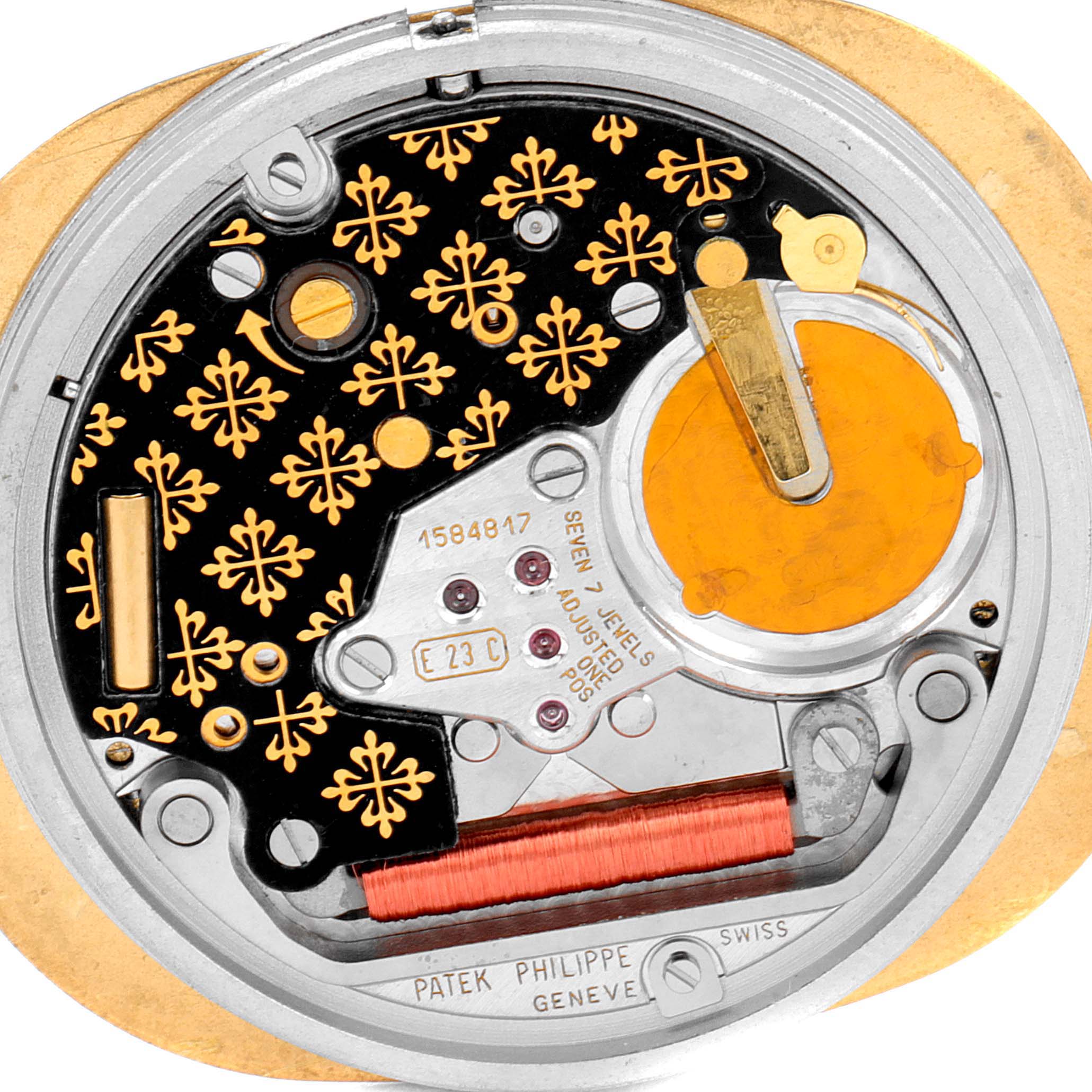 This image shows the intricate internal mechanism of a Patek Philippe Golden Ellipse 3747 Men's Yellow Gold Blue Dial 3747 Men's Yellow Gold Blue Dial watch, highlighting its detailed components.