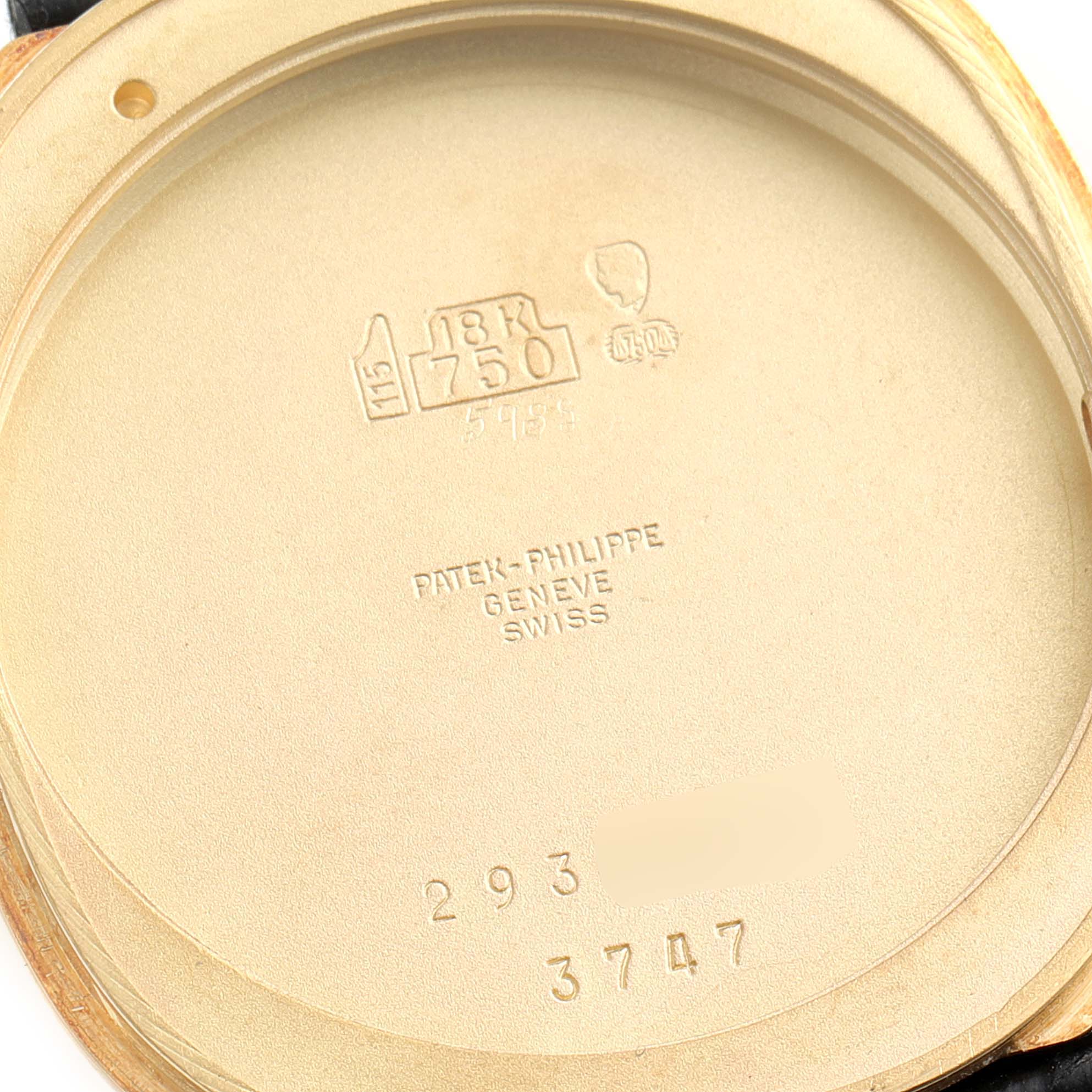 This image shows the inner case back of a Patek Philippe Golden Ellipse 3747 Men's Yellow Gold Blue Dial 3747 Men's Yellow Gold Blue Dial watch.