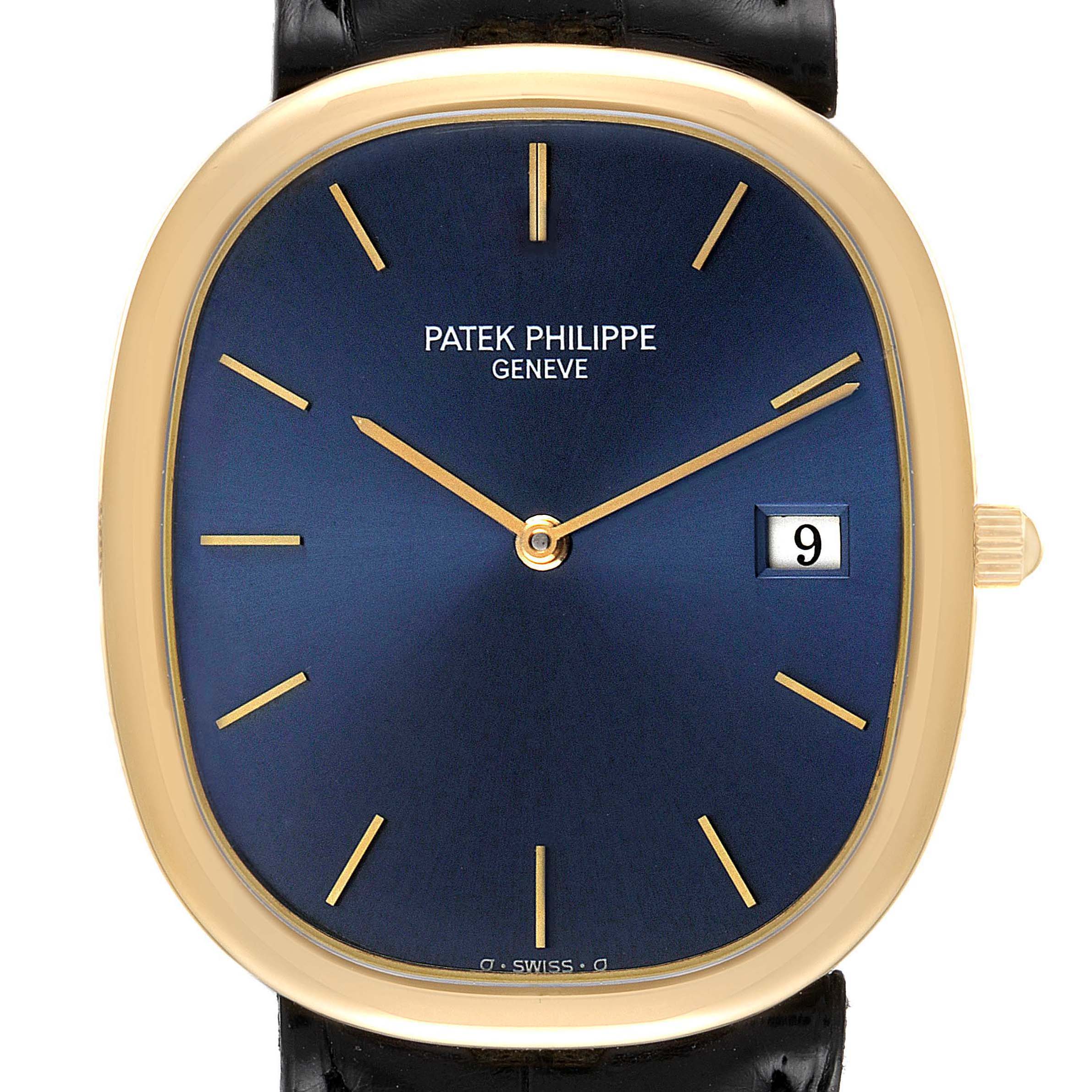 The image shows a front view of a Patek Philippe Golden Ellipse 3747 Men's Yellow Gold Blue Dial 3747 Men's Yellow Gold Blue Dial watch, highlighting the blue dial, gold markers, hands, and date window.