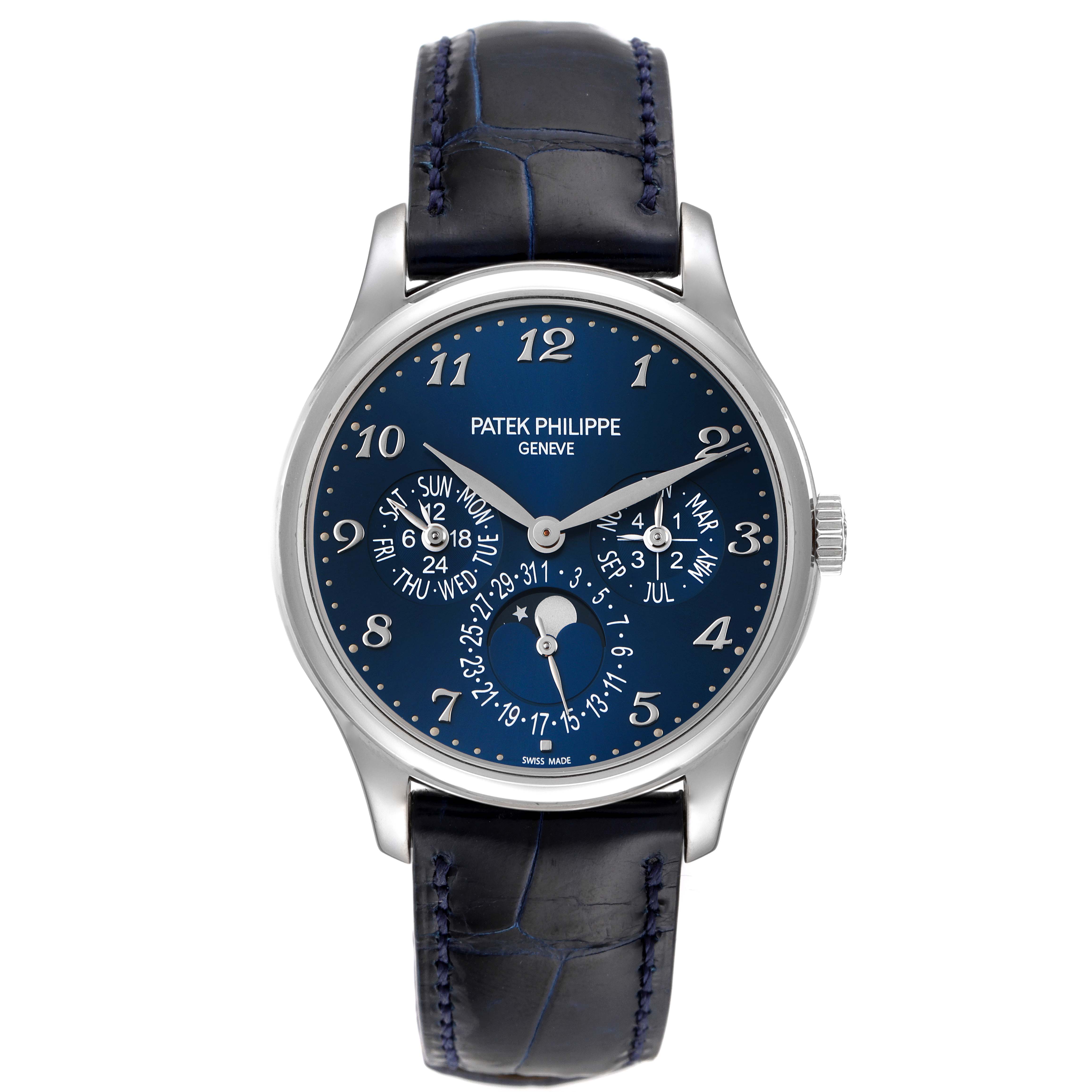 The image shows a frontal view of the Patek Philippe Complications 5327G-001 Men
s White Gold Blue Dial 5327G-001 Men
s White Gold Blue Dial model watch, highlighting its face and strap.