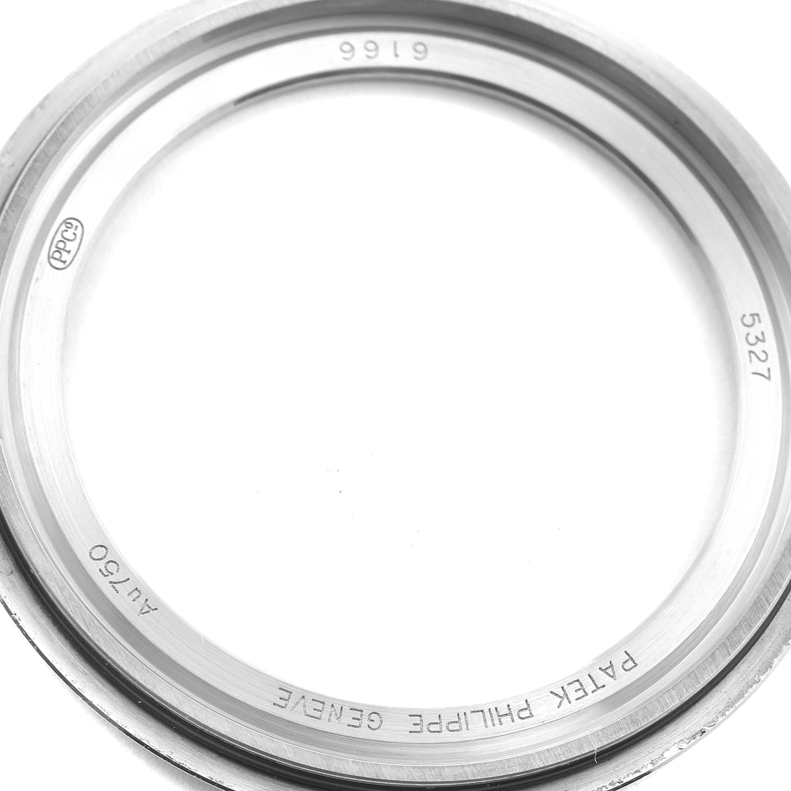 This image shows the case back of a Patek Philippe Complications 5327G-001 Men
s White Gold Blue Dial 5327G-001 Men
s White Gold Blue Dial model, focusing on the inner engravings and rim details.