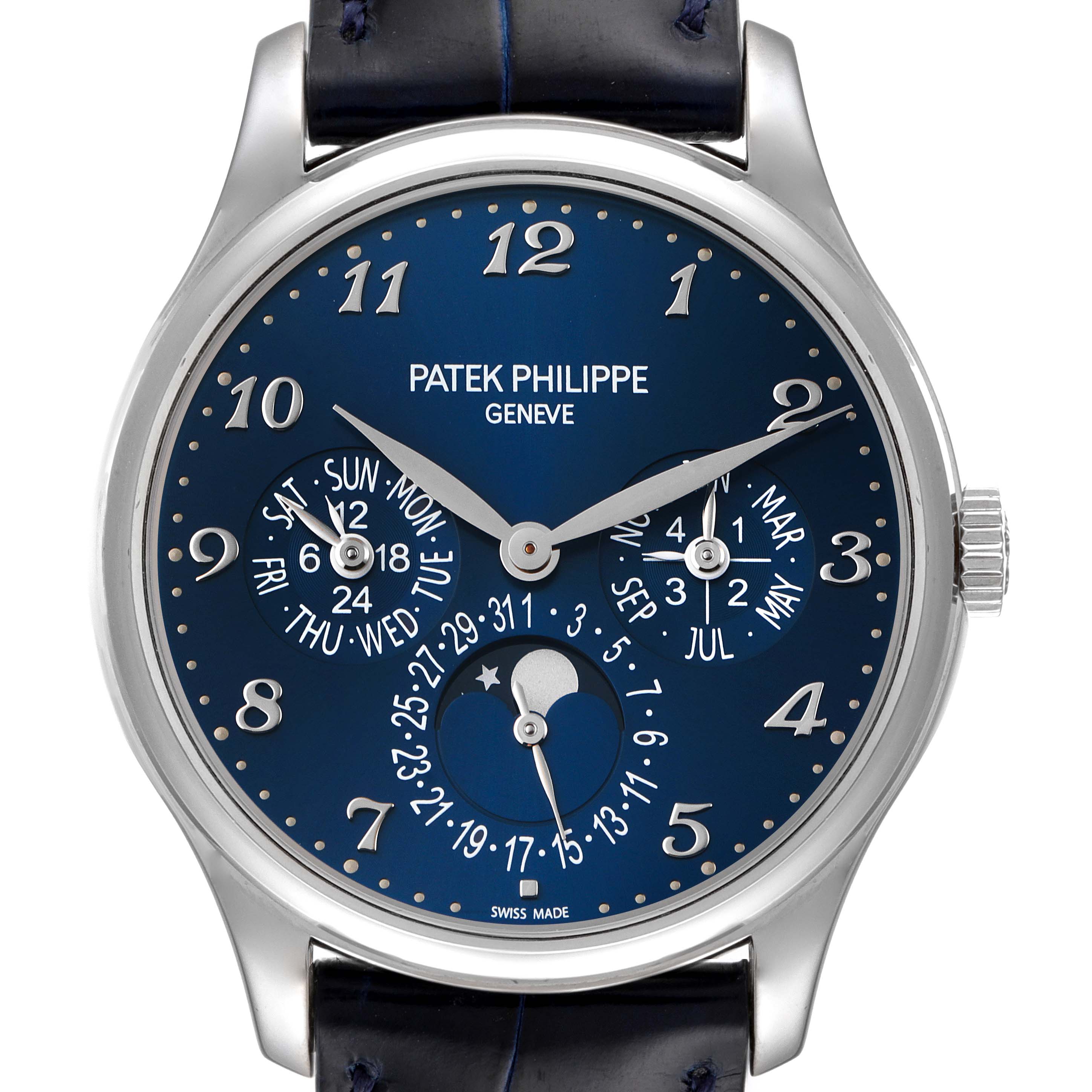 The image shows a front view of a Patek Philippe Complications 5327G-001 Men
s White Gold Blue Dial 5327G-001 Men
s White Gold Blue Dial watch with a blue dial and multiple subdials.