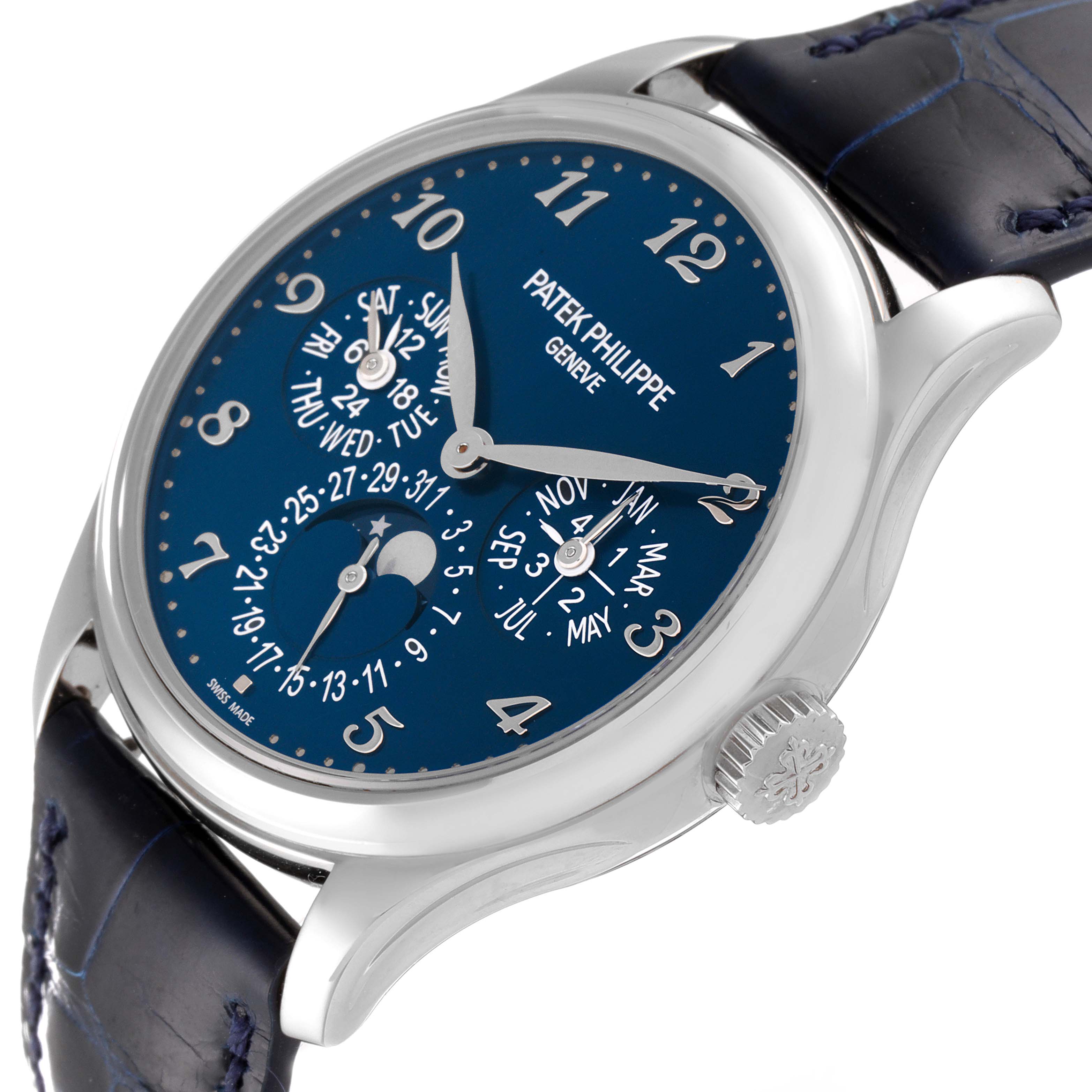 The image shows a side angle of the Patek Philippe Complications 5327G-001 Men
s White Gold Blue Dial 5327G-001 Men
s White Gold Blue Dial watch, highlighting the dial, crown, and strap.