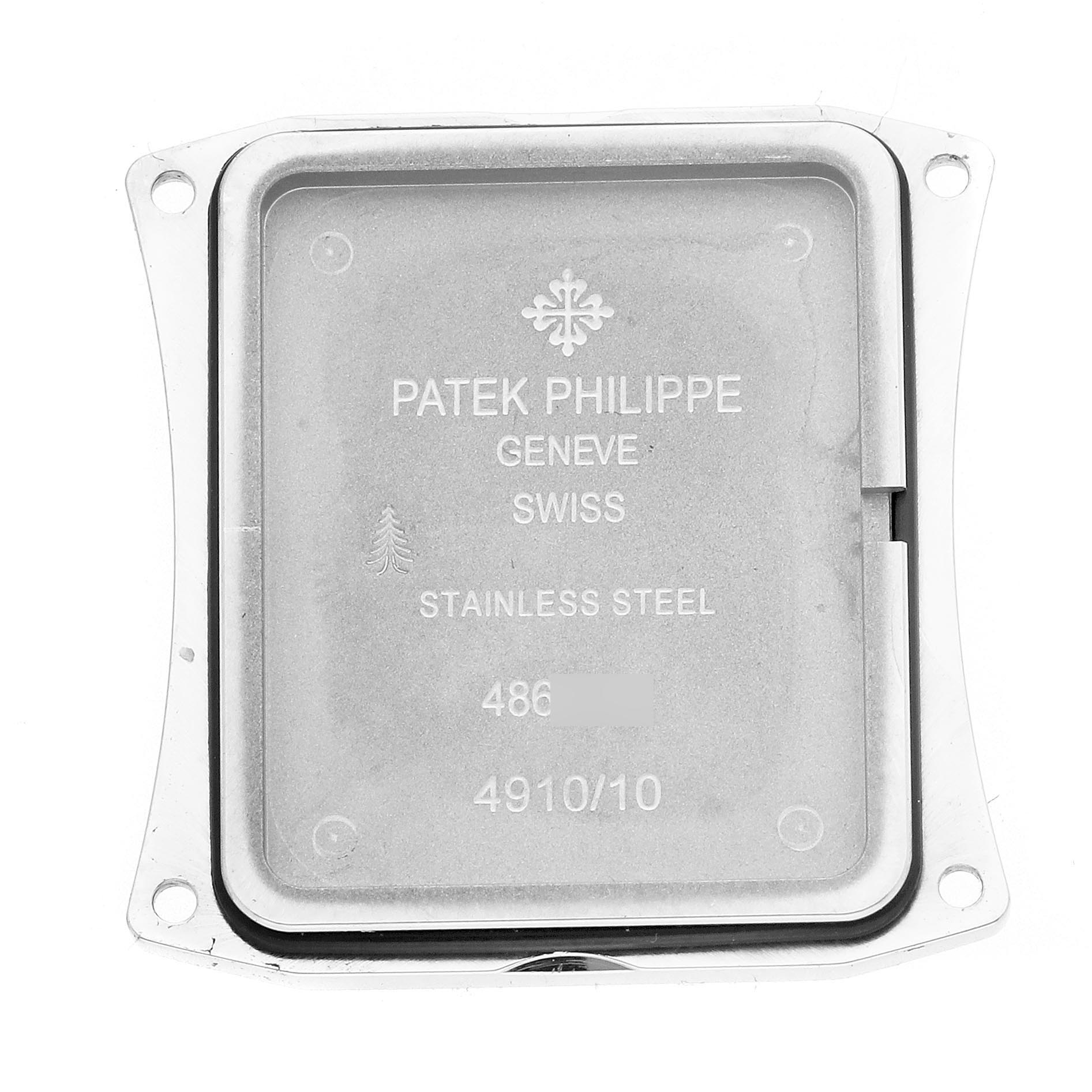 The image shows the back case of a Patek Philippe Twenty-4 4910/10A Women's Stainless Steel Blue Dial 4910/10A Women's Stainless Steel Blue Dial watch, displaying branding and material details.