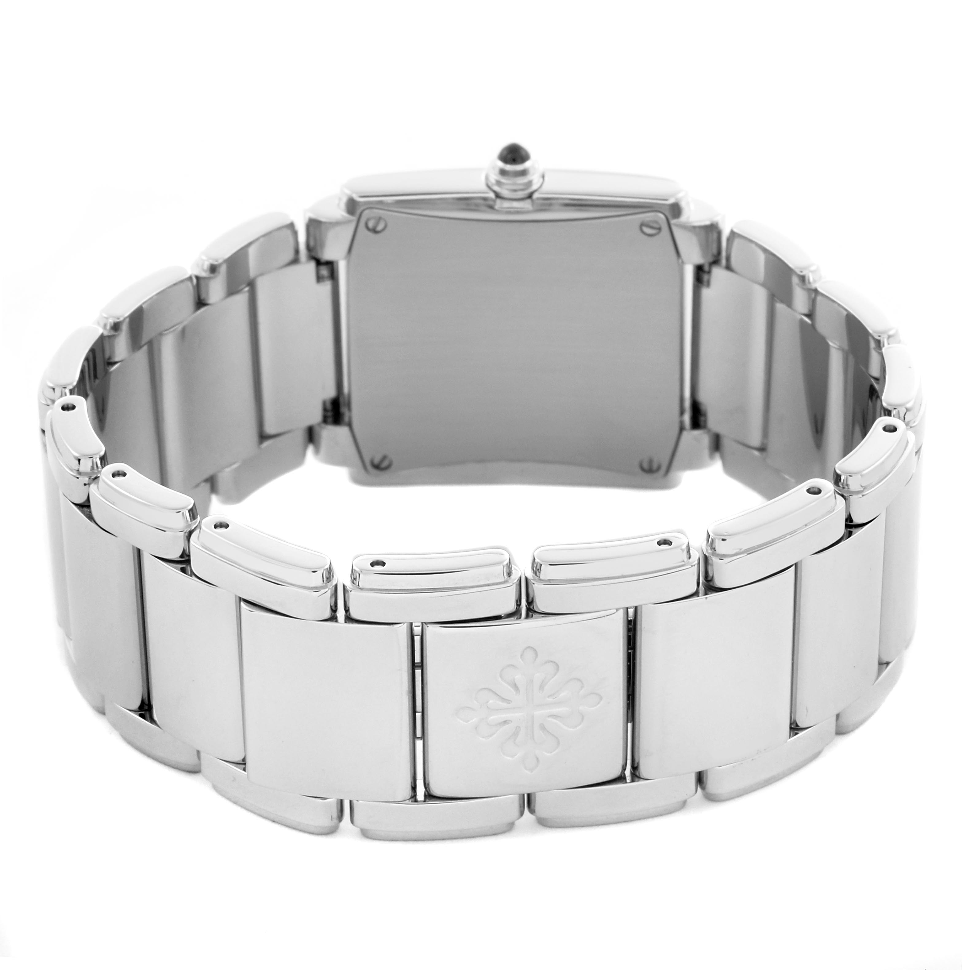 The image shows the back view of a Patek Philippe Twenty-4 4910/10A Women's Stainless Steel Blue Dial 4910/10A Women's Stainless Steel Blue Dial watch, highlighting the bracelet and clasp.