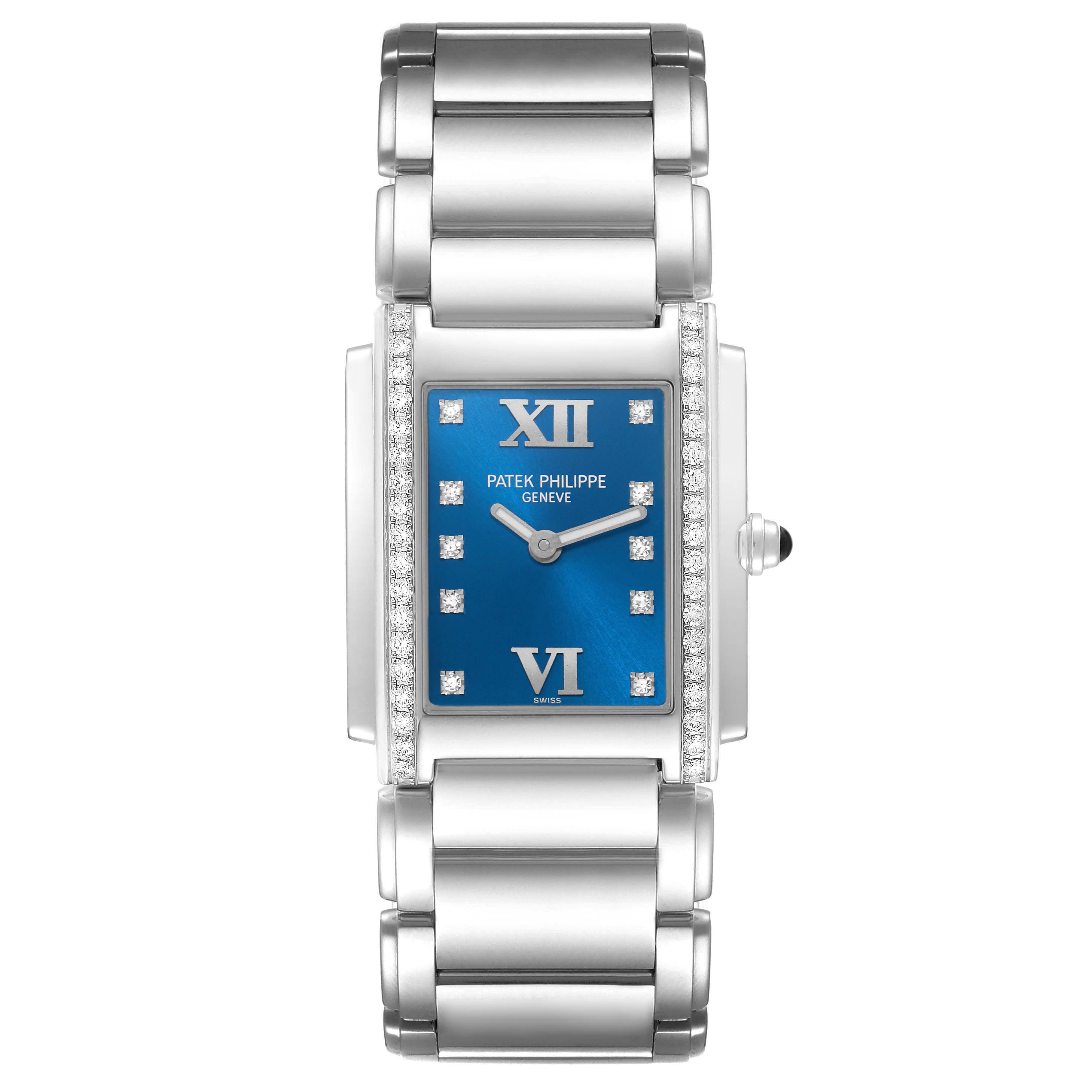 The Patek Philippe Twenty-4 4910/10A Women's Stainless Steel Blue Dial 4910/10A Women's Stainless Steel Blue Dial watch is shown from a top view, highlighting the blue dial, diamond accents, and metal bracelet.