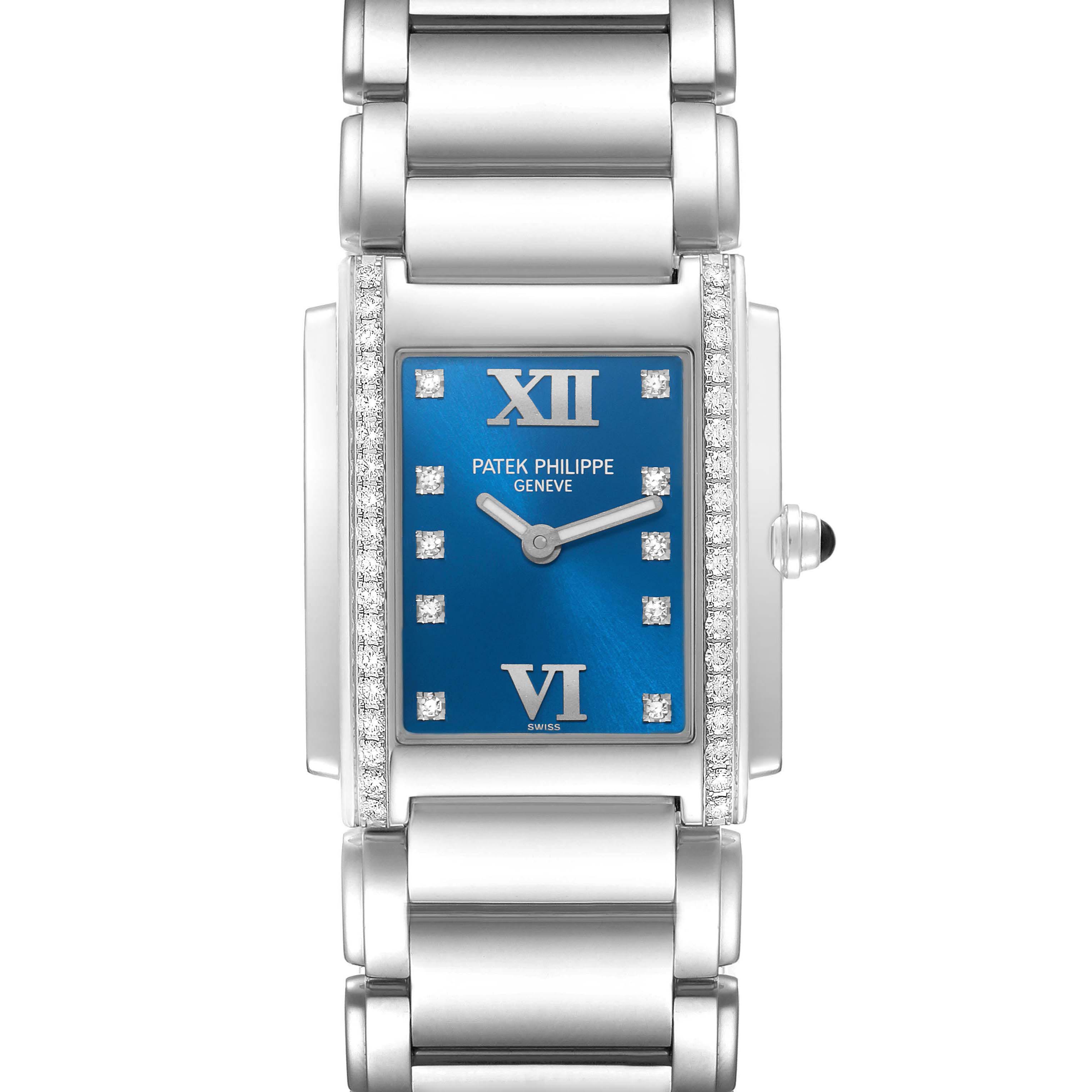 The Patek Philippe Twenty-4 4910/10A Women's Stainless Steel Blue Dial 4910/10A Women's Stainless Steel Blue Dial watch is shown from a frontal angle, highlighting the blue dial, diamond accents, and bracelet.