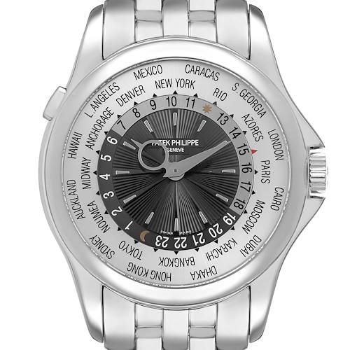 The Patek Philippe Complications 5130/1G-010 Men's White Gold Black Dial watch is shown from the front, displaying the face, bezel, and part of the bracelet.